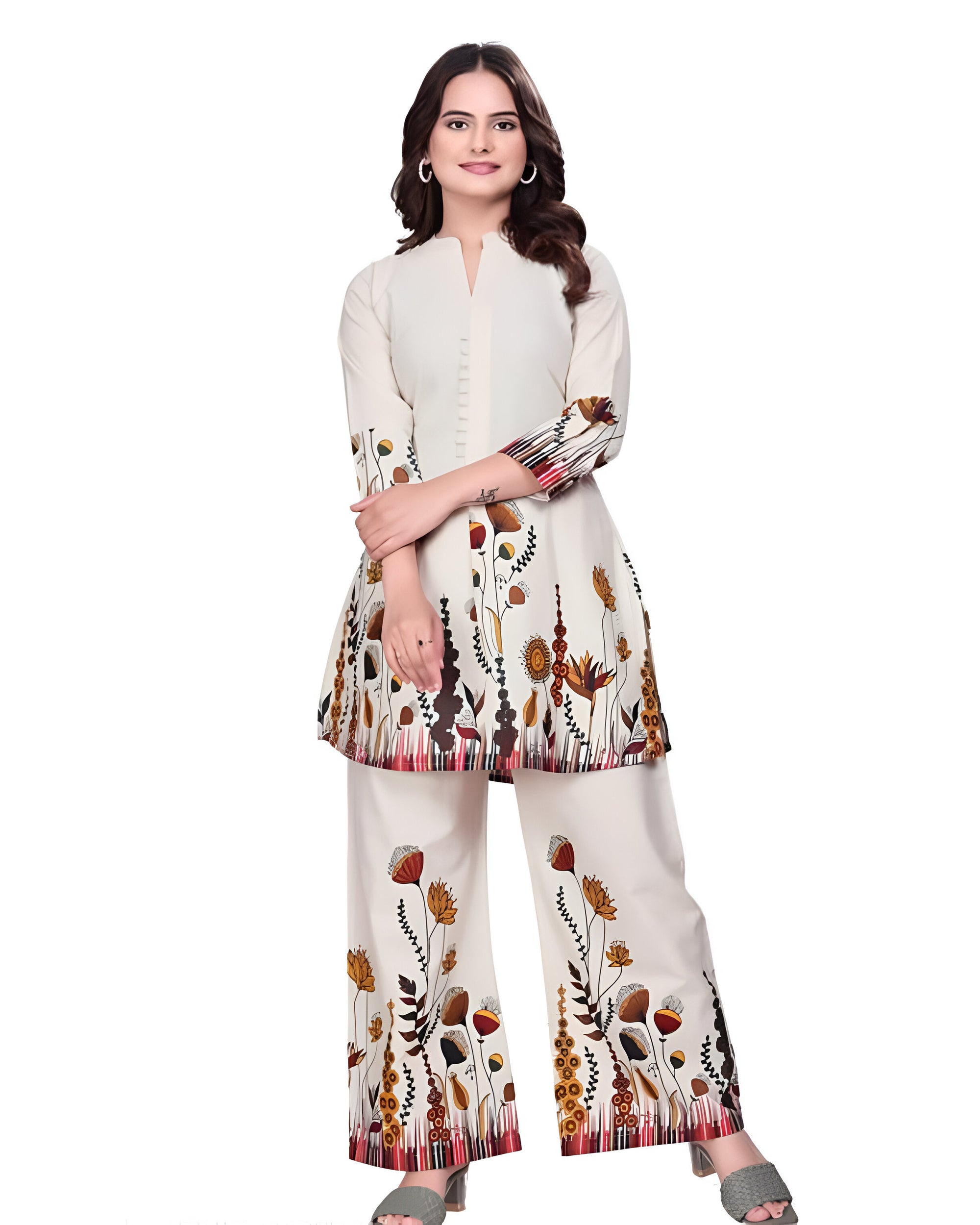 Noori Floral Printed Co-ord Set – Stylish White Kurta Pant Set for Women