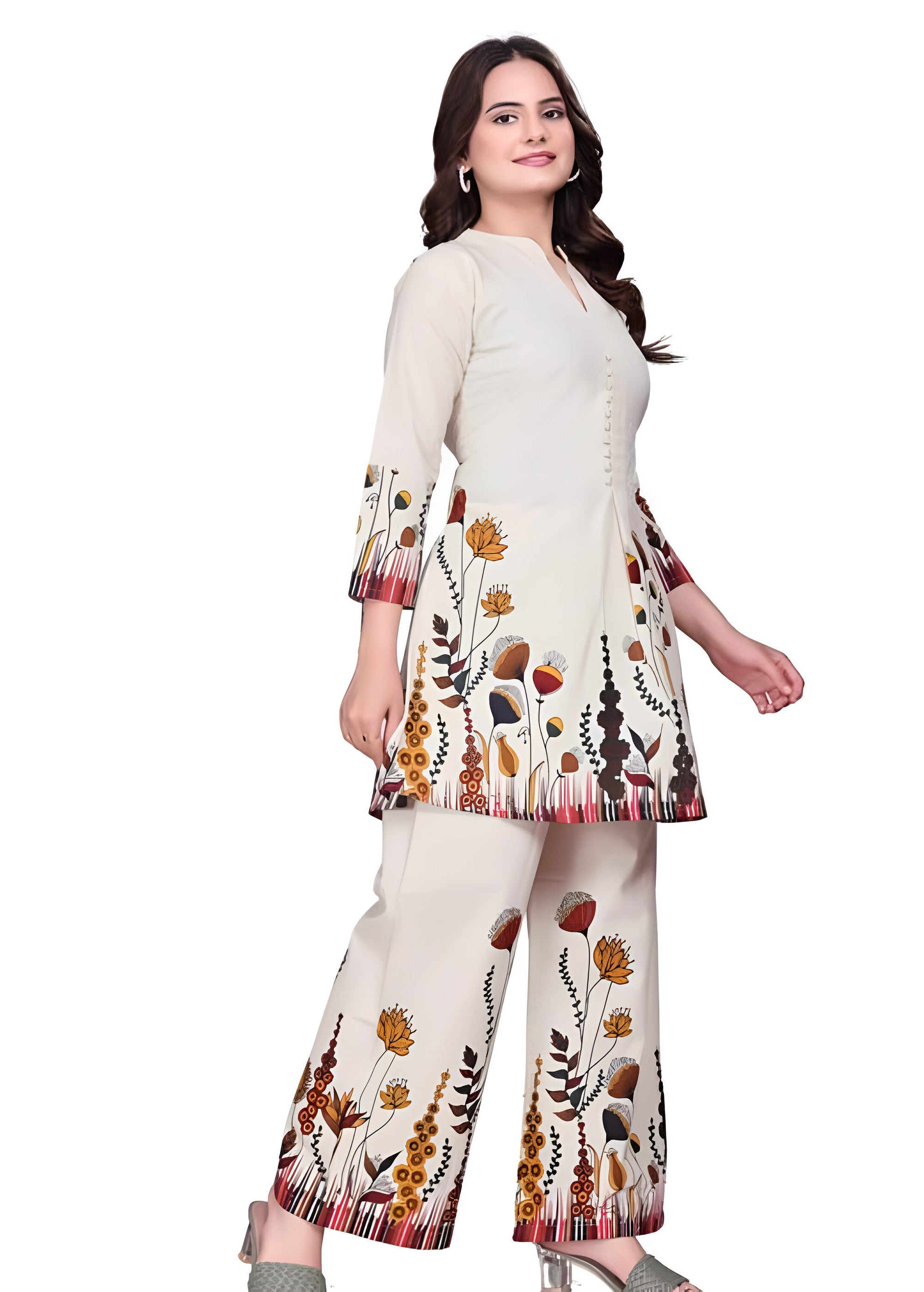 Noori Floral Printed Co-ord Set – Stylish White Kurta Pant Set for Women