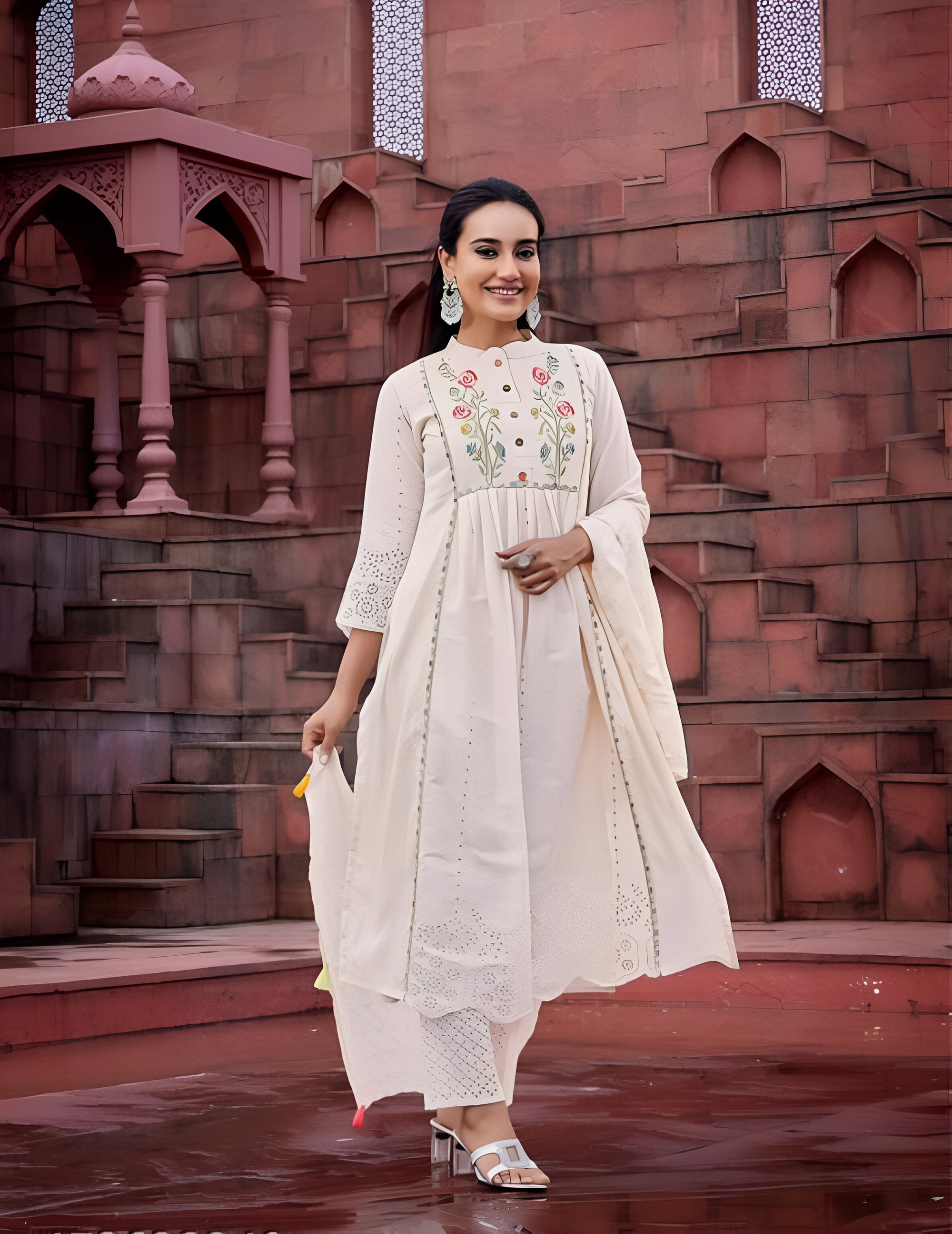 Noori Off-White Anarkali Kurta Set – Elegant Floral Embroidered Cotton Ethnic Wear for Women