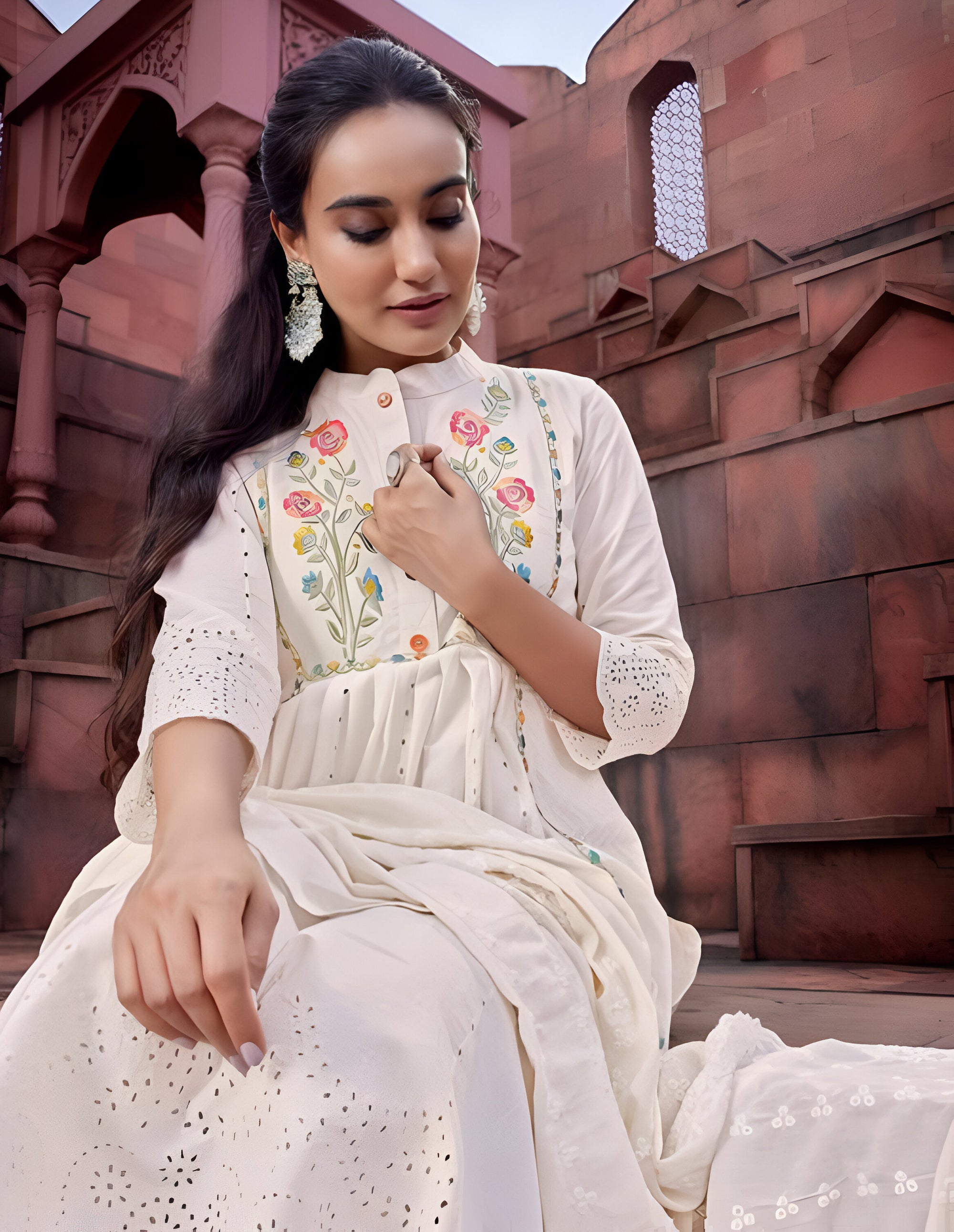 Noori Off-White Anarkali Kurta Set – Elegant Floral Embroidered Cotton Ethnic Wear for Women