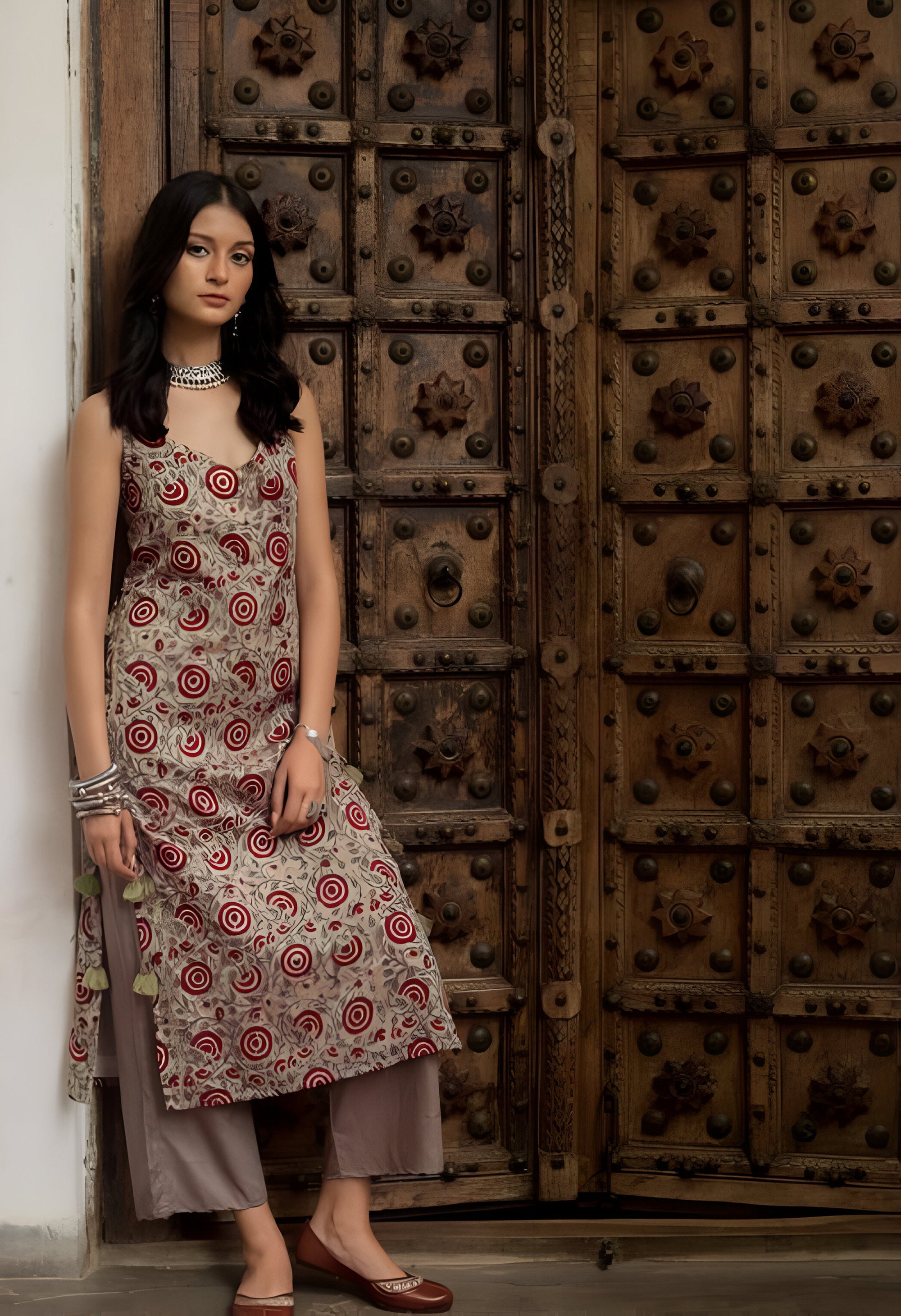 Noori Sleeveless Printed Kurta Set – Elegant Beige & Maroon Ethnic Wear for Women
