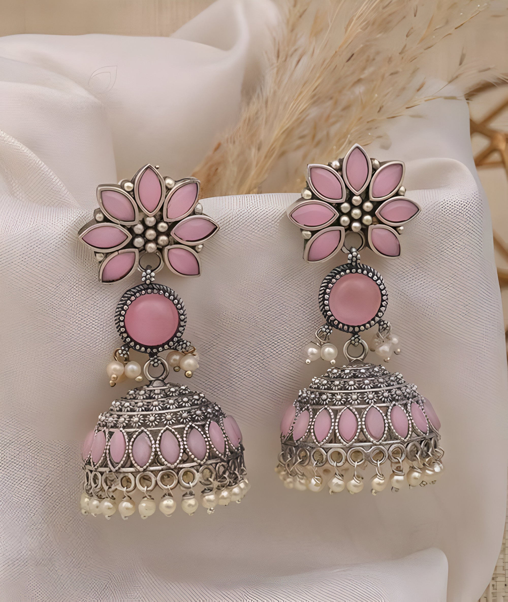 Noori Pink Floral Oxidized Jhumki Earrings – Traditional Ethnic Charm