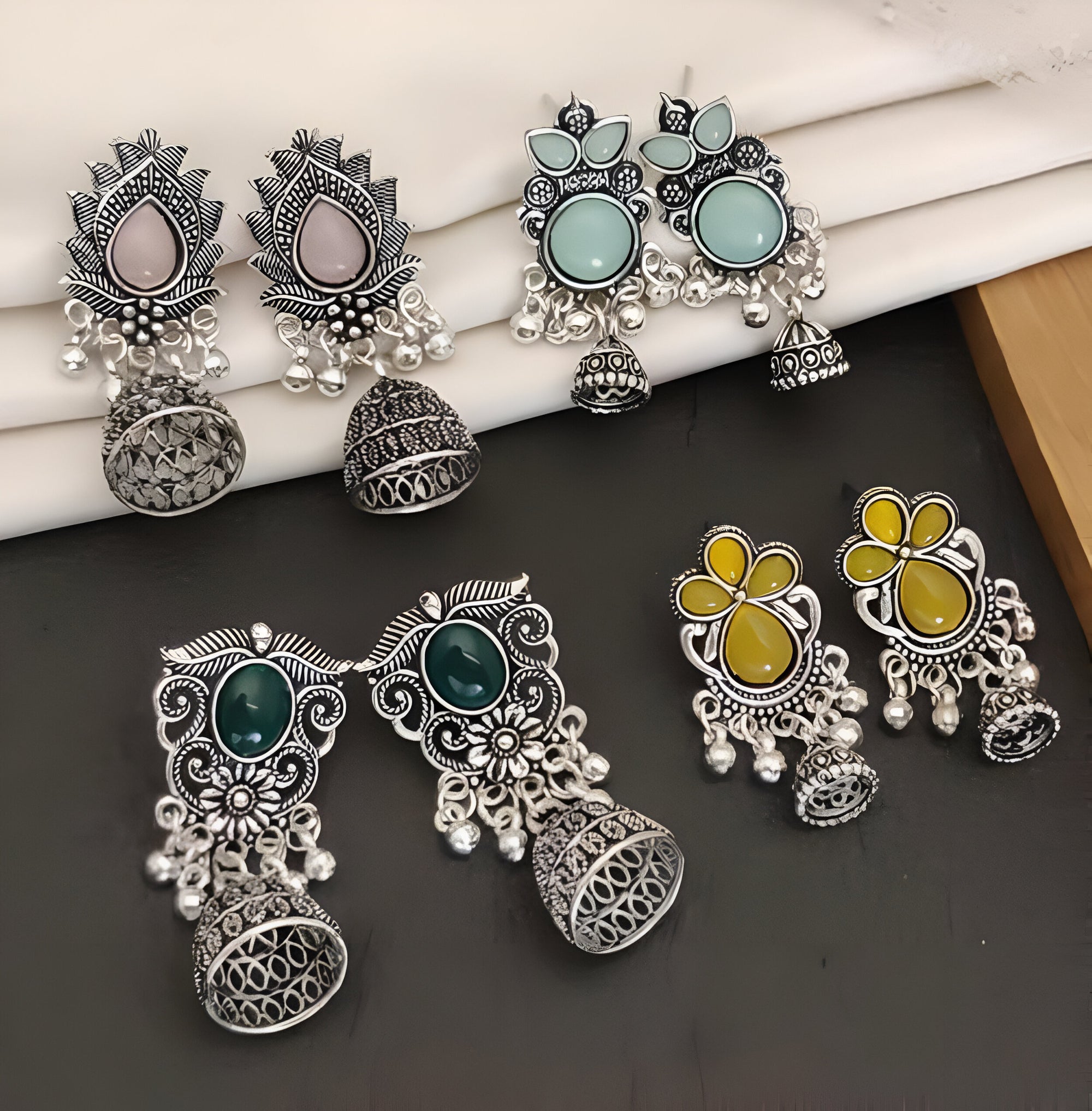 Noori Oxidized Silver Plated Jhumka Earrings – Set of 4 Traditional Ethnic Designs