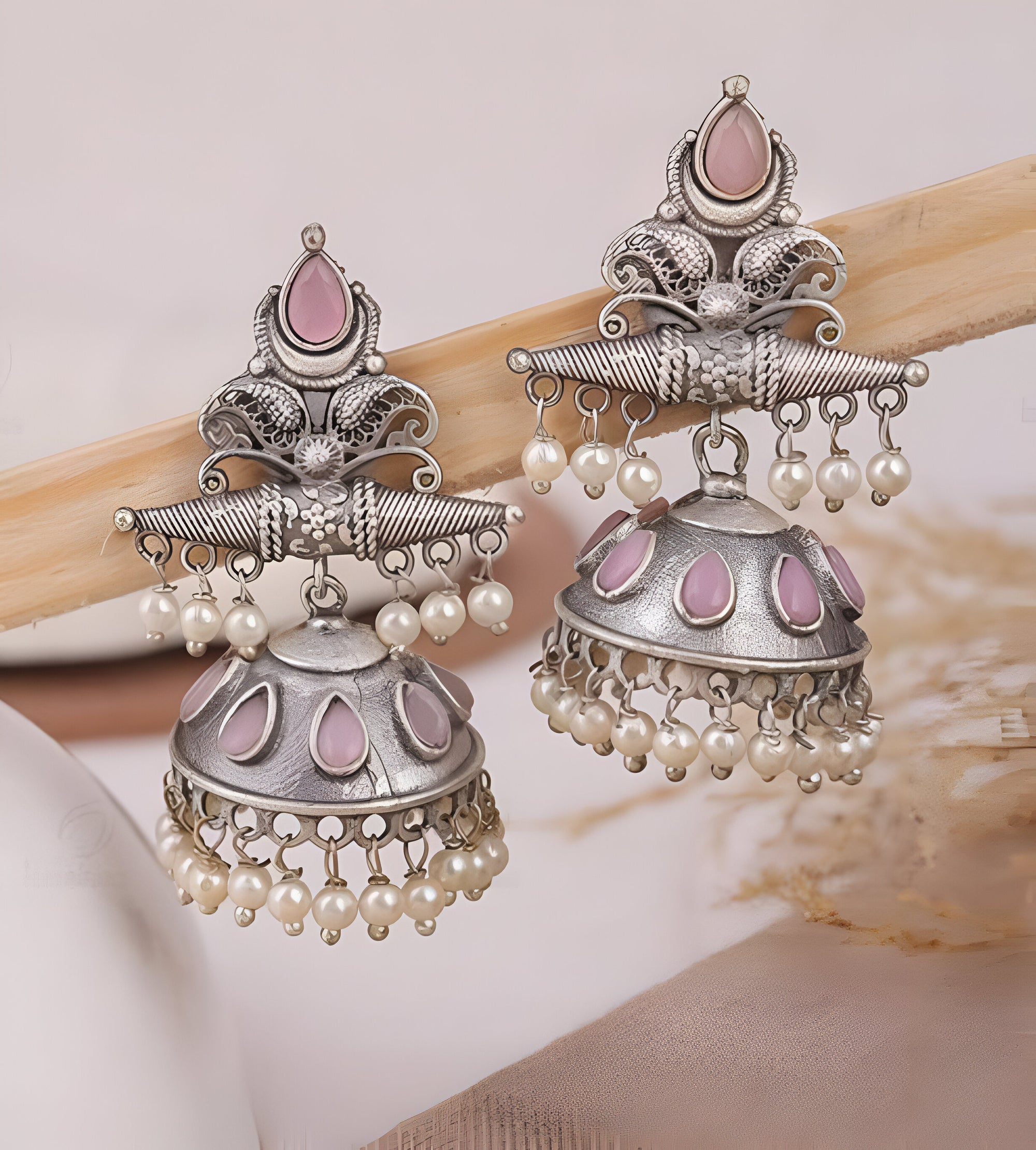Noori Oxidized Silver-Plated Pink Stone & Pearl Jhumka Earrings