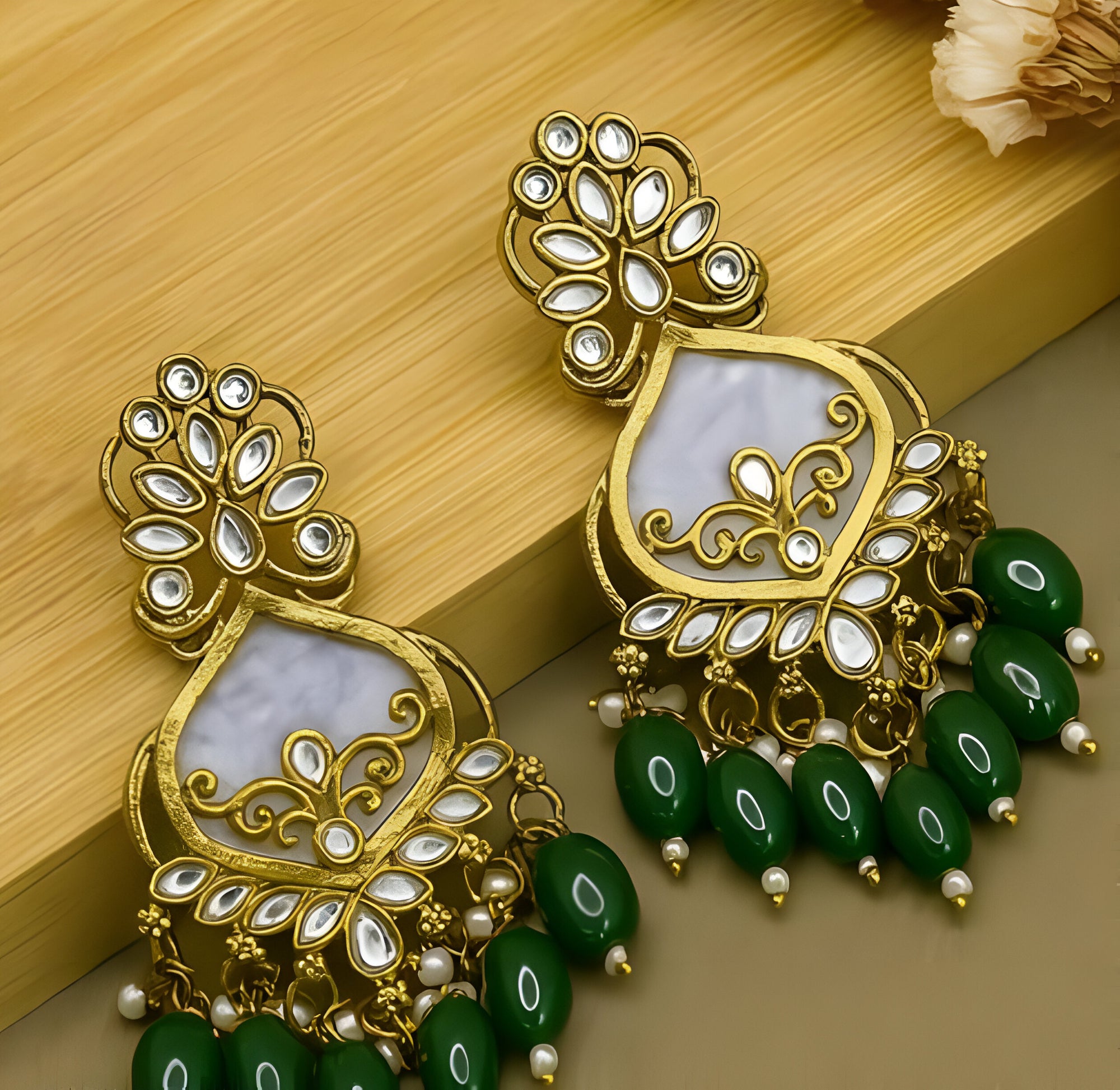 Noori Gold-Plated Kundan & Green Bead Chandbali Earrings
