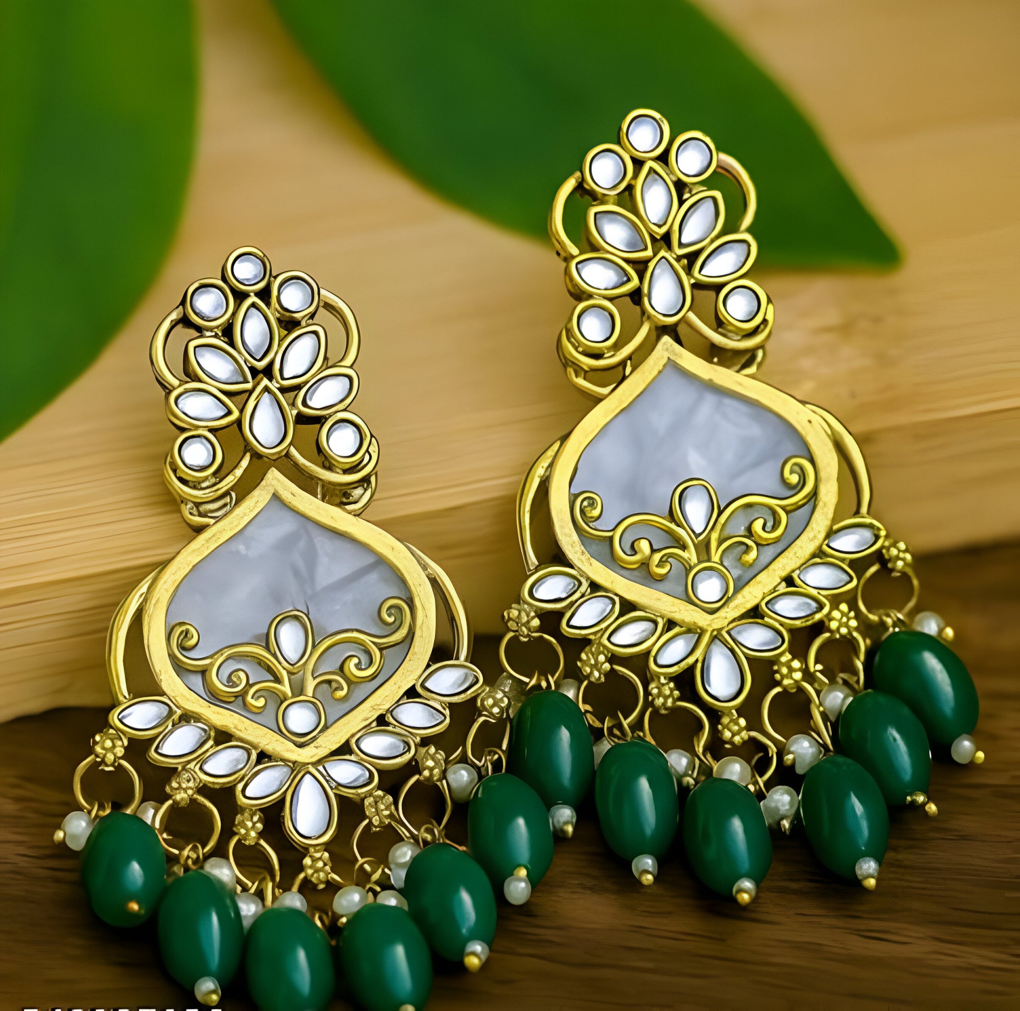 Noori Gold-Plated Kundan & Green Bead Chandbali Earrings