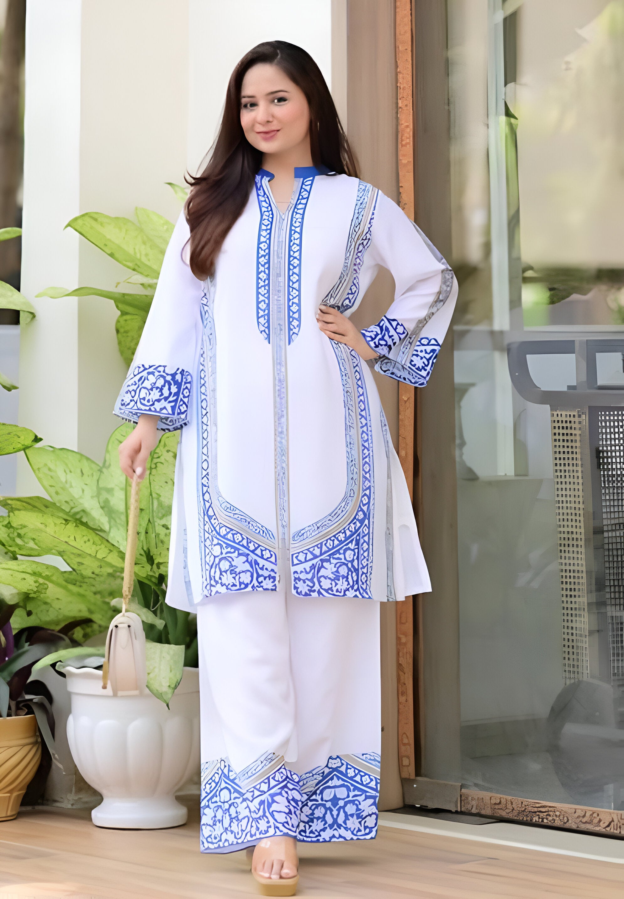 Noori – White & Blue Majestic Motif Co-ord Set