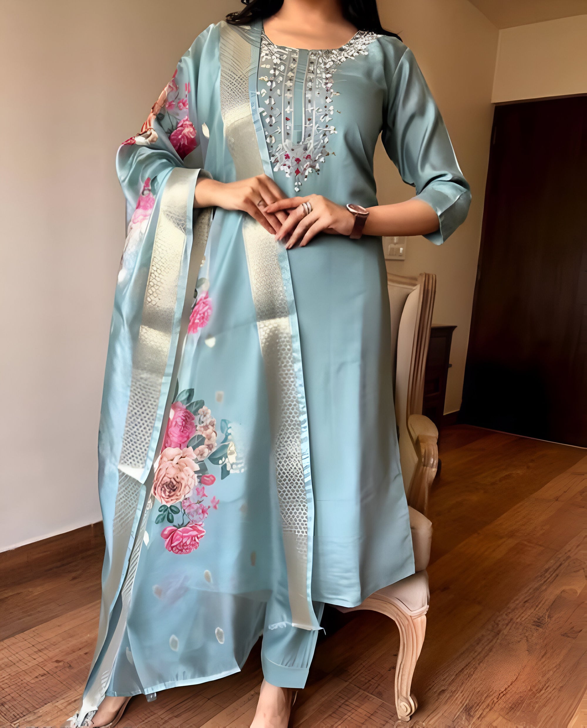 Light Blue Traditional Kurti Set with Floral Embroidery With Dupatta