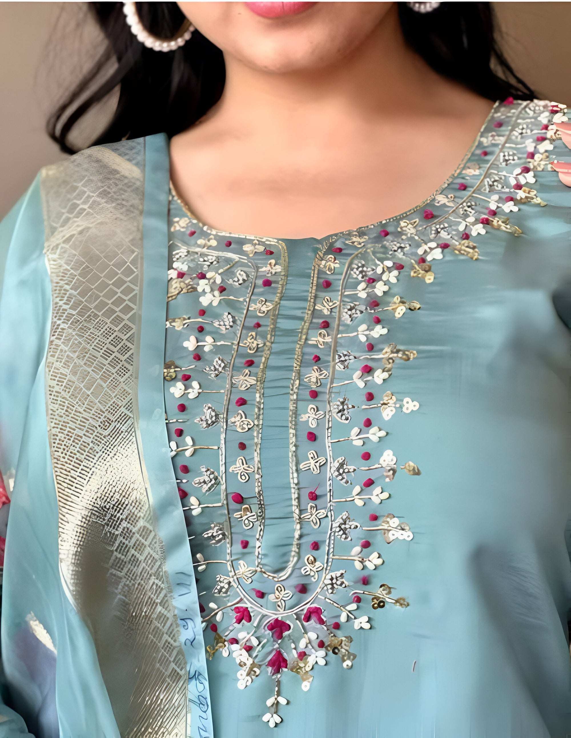 Light Blue Traditional Kurti Set with Floral Embroidery With Dupatta