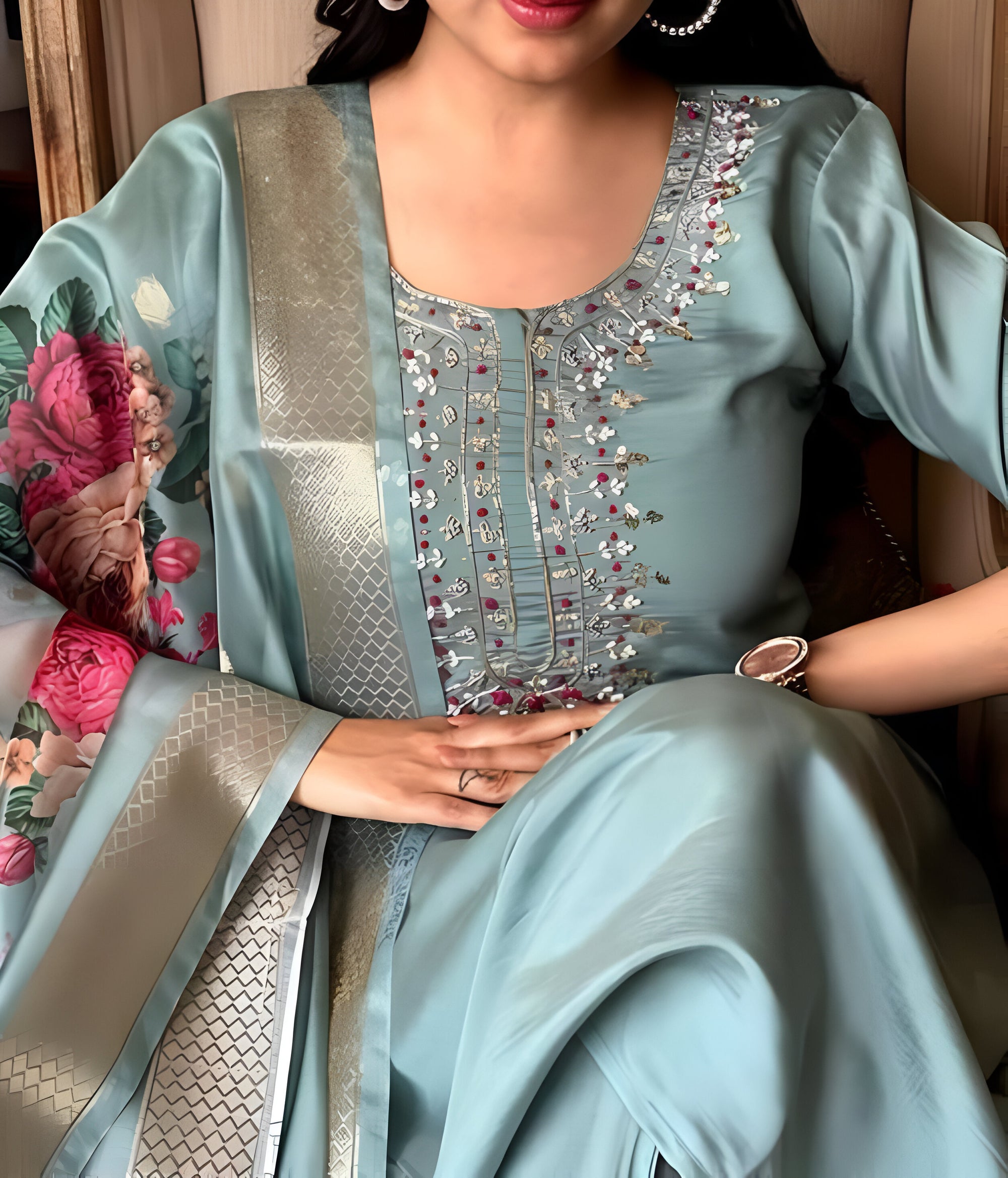 Light Blue Traditional Kurti Set with Floral Embroidery With Dupatta