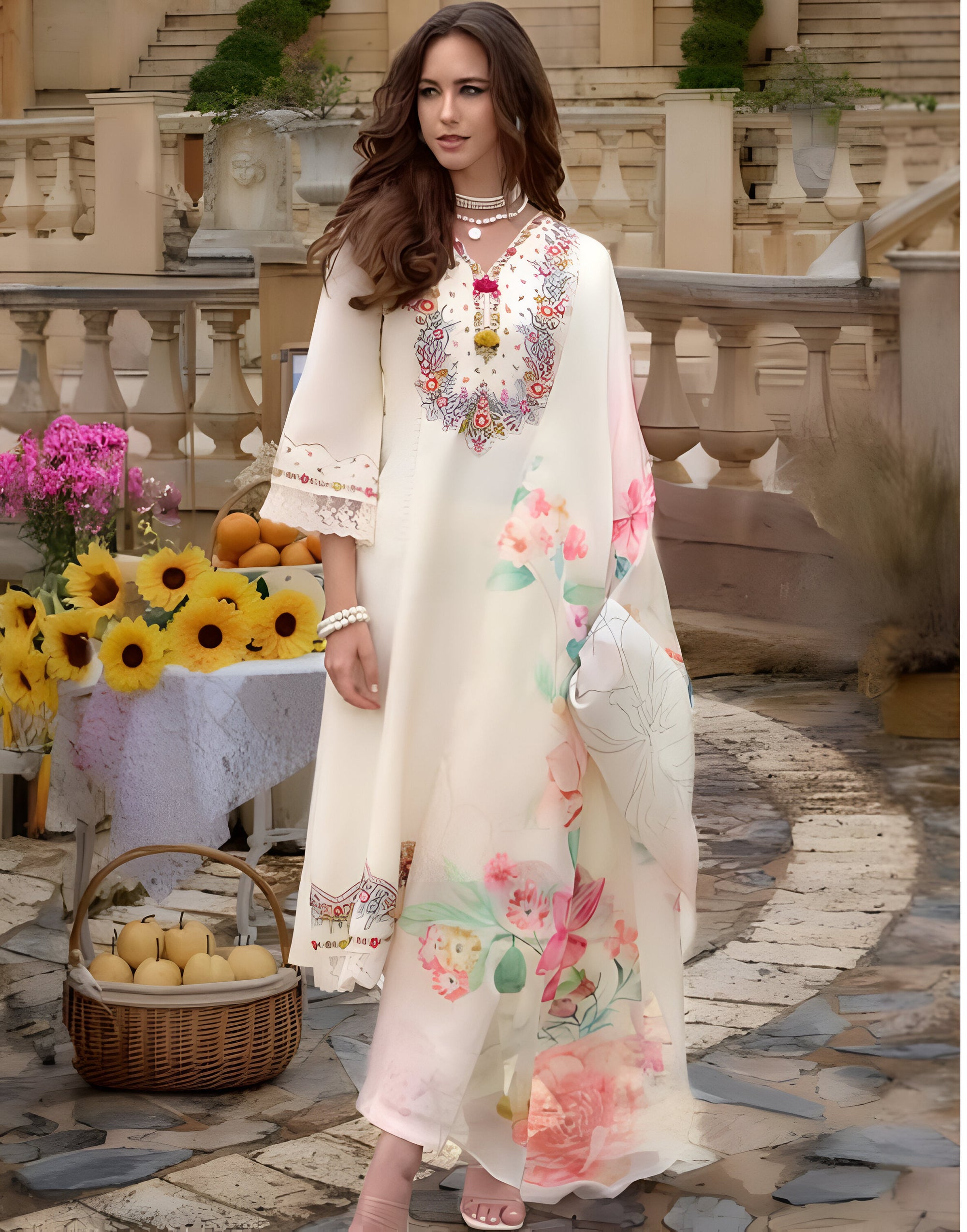 Noori Ivory Bloom – Embroidered Lawn Suit with Floral Dupatta