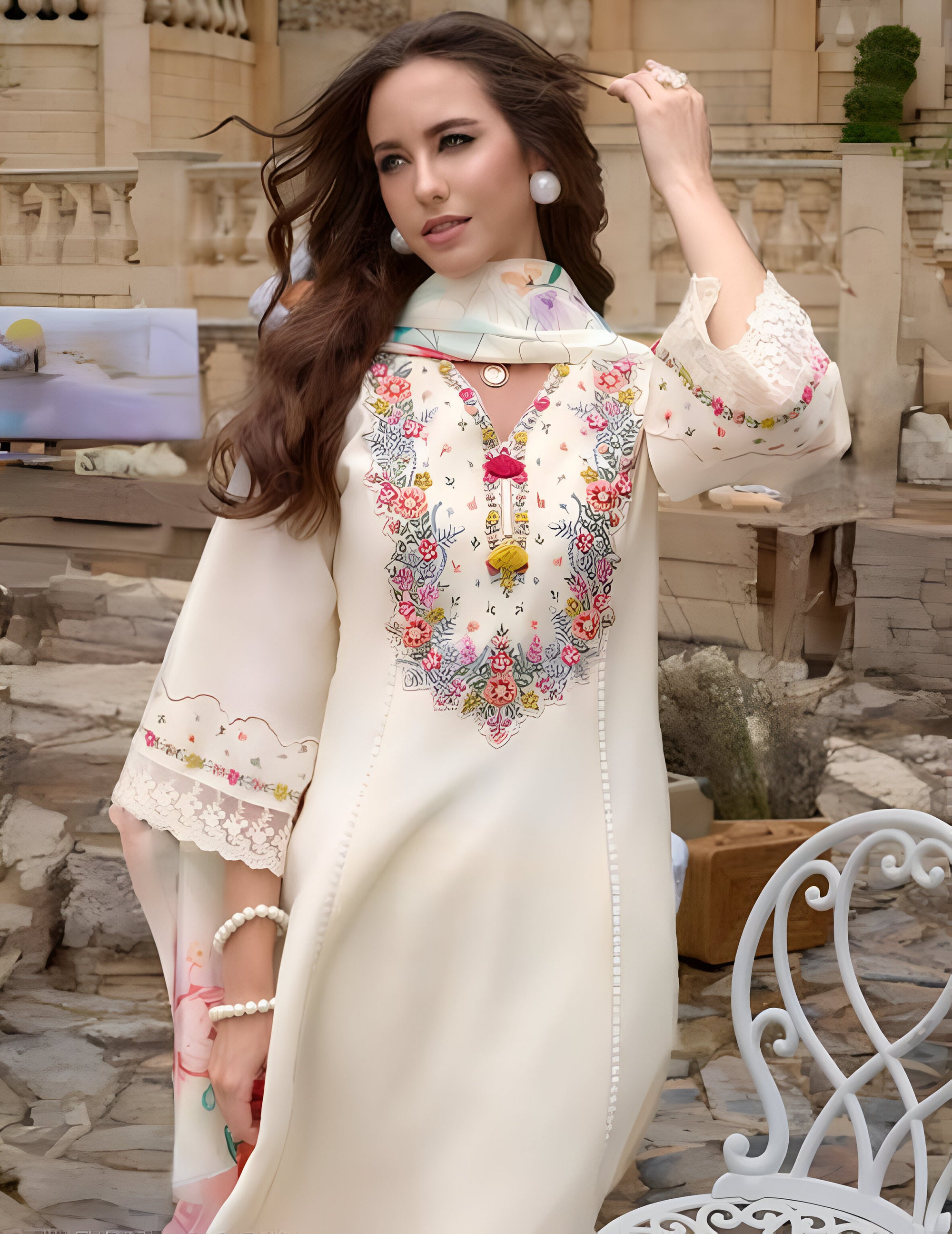Noori Ivory Bloom – Embroidered Lawn Suit with Floral Dupatta