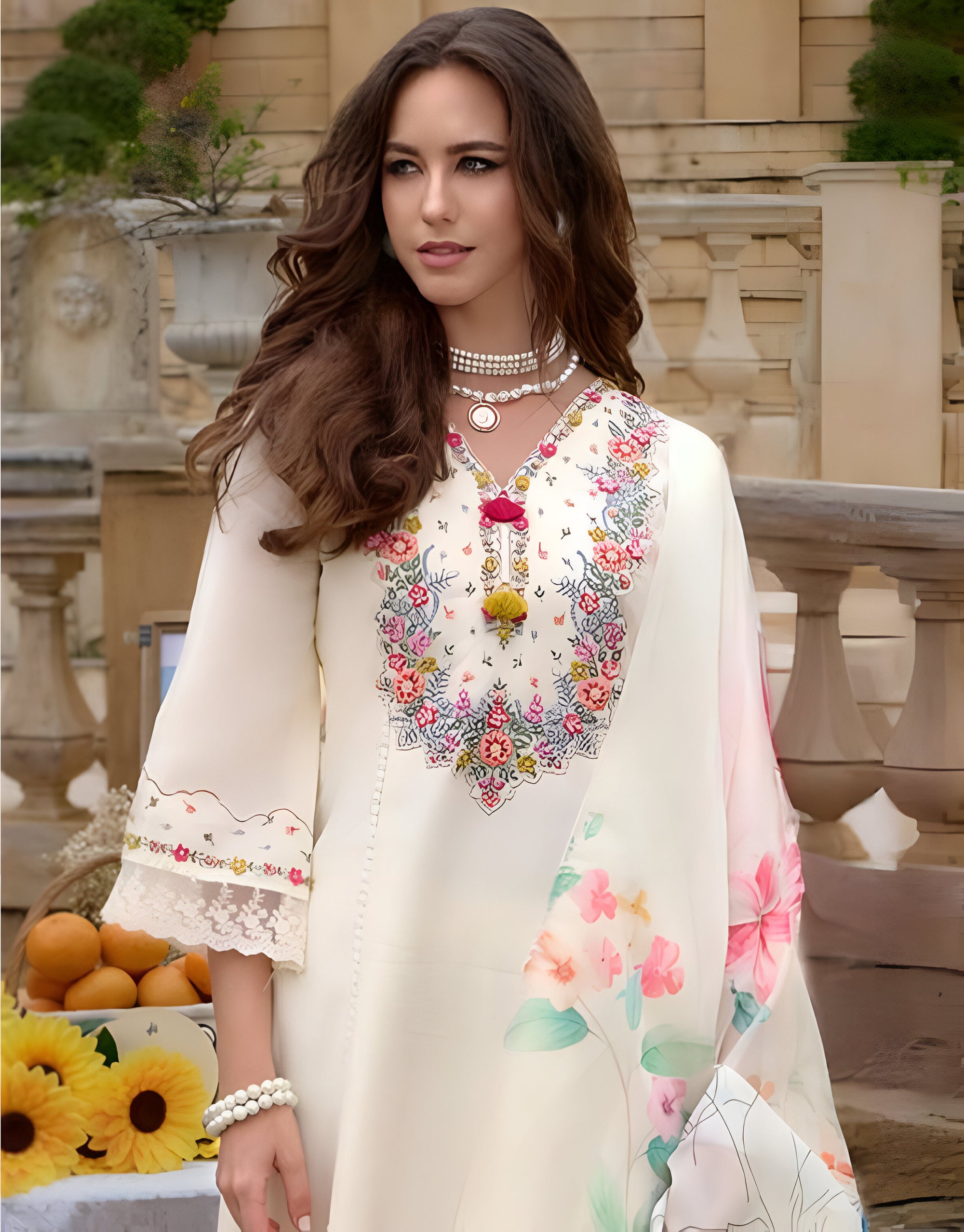 Noori Ivory Bloom – Embroidered Lawn Suit with Floral Dupatta