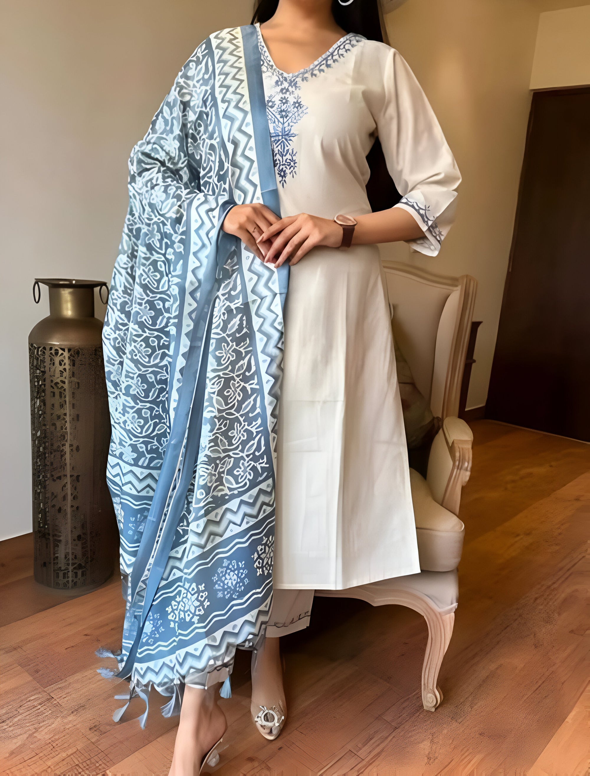 Noori – Ivory Blue Elegance Embroidered Kurta Set with Dupatta