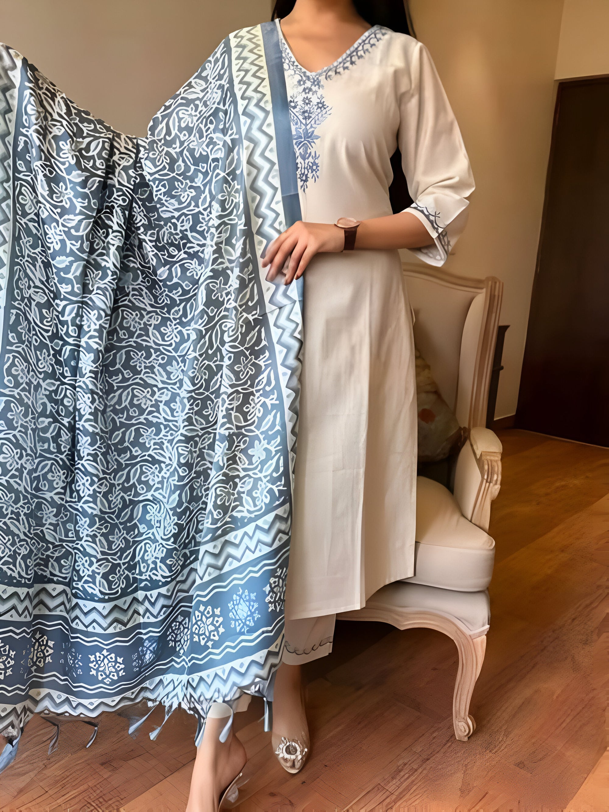 Noori – Ivory Blue Elegance Embroidered Kurta Set with Dupatta