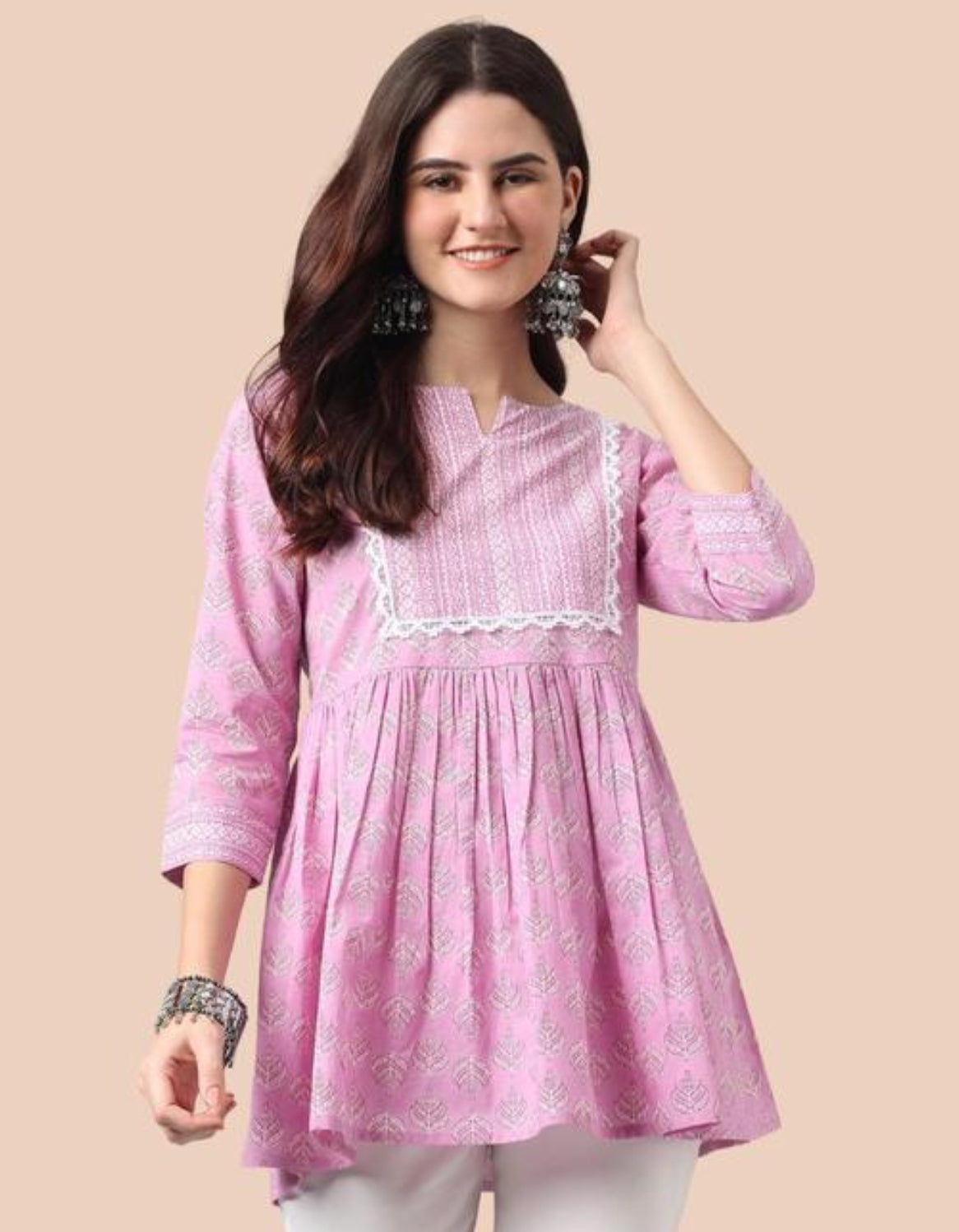 Blush Pink Printed Empire Kurti Top with Lace Detailing – Elegant Ethnic Wear by Noori