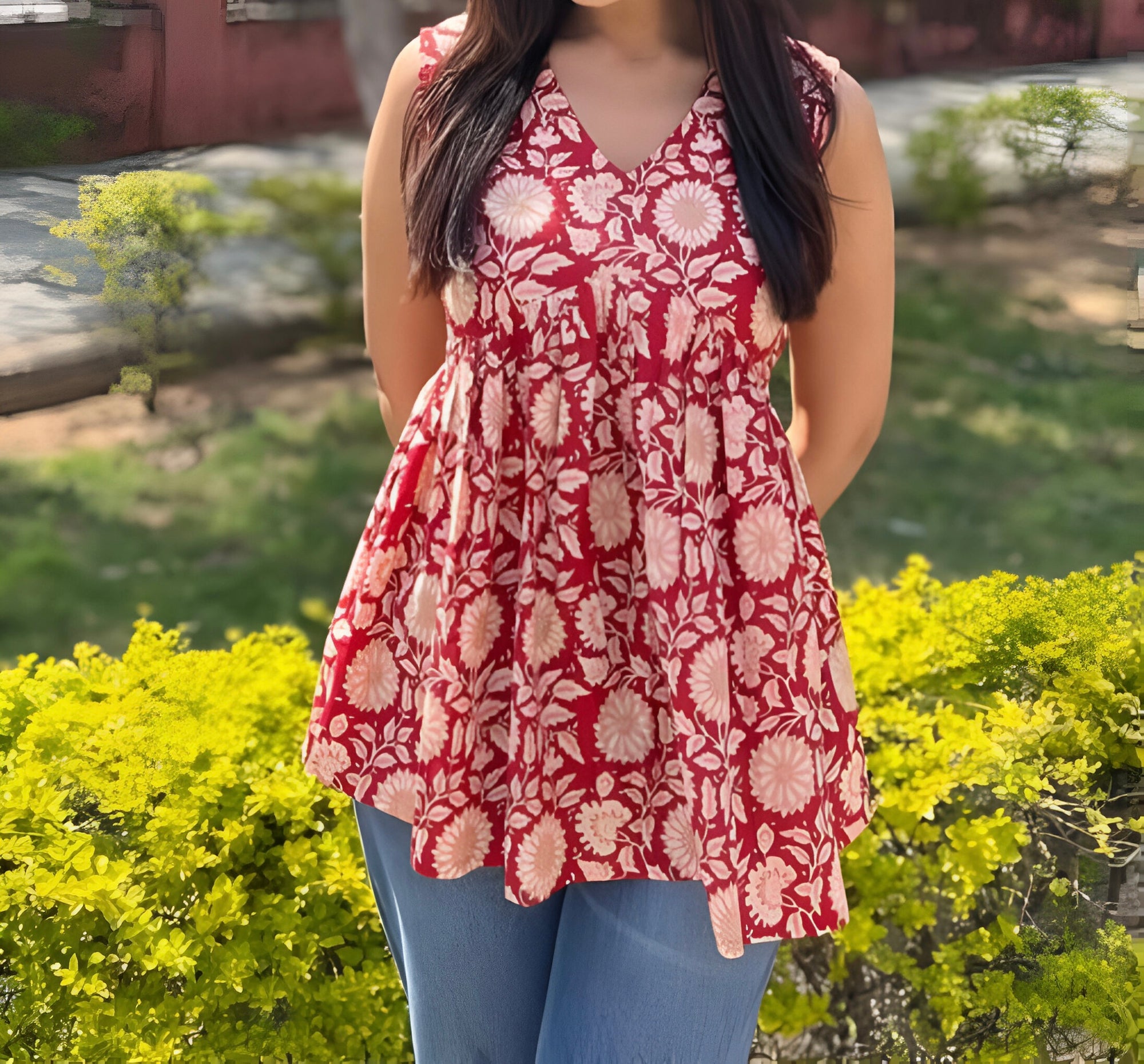Noori Maroon Floral Flared Top