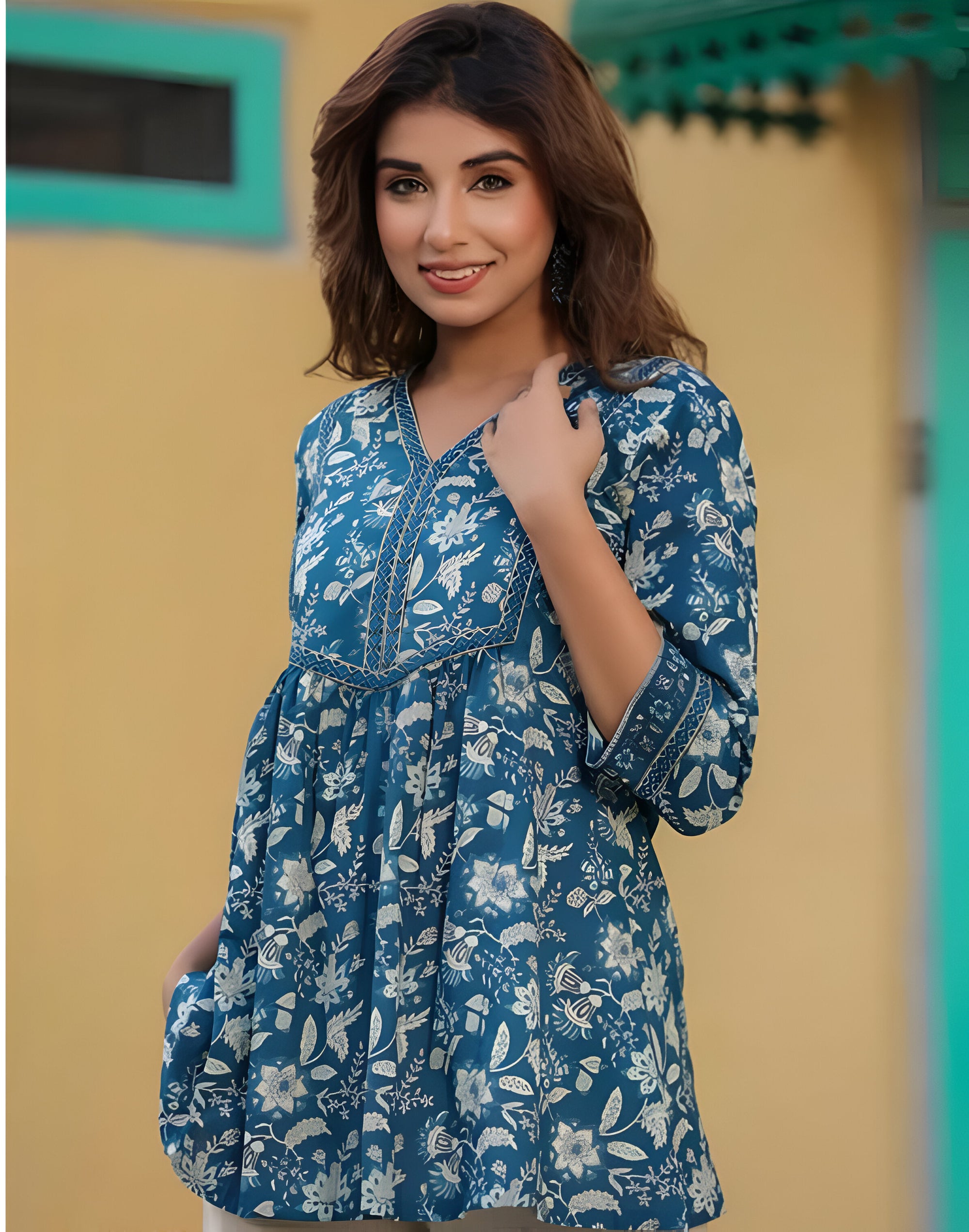 Elegant Blue Floral Printed Cotton Tunic Kurti for Women – Casual & Ethnic Wear