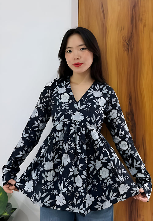 Black Floral Empire Line Kurti Top – Elegant Everyday Wear by Noori