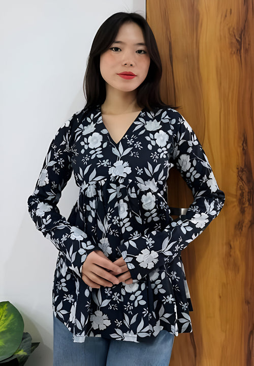 Black Floral Empire Line Kurti Top – Elegant Everyday Wear by Noori