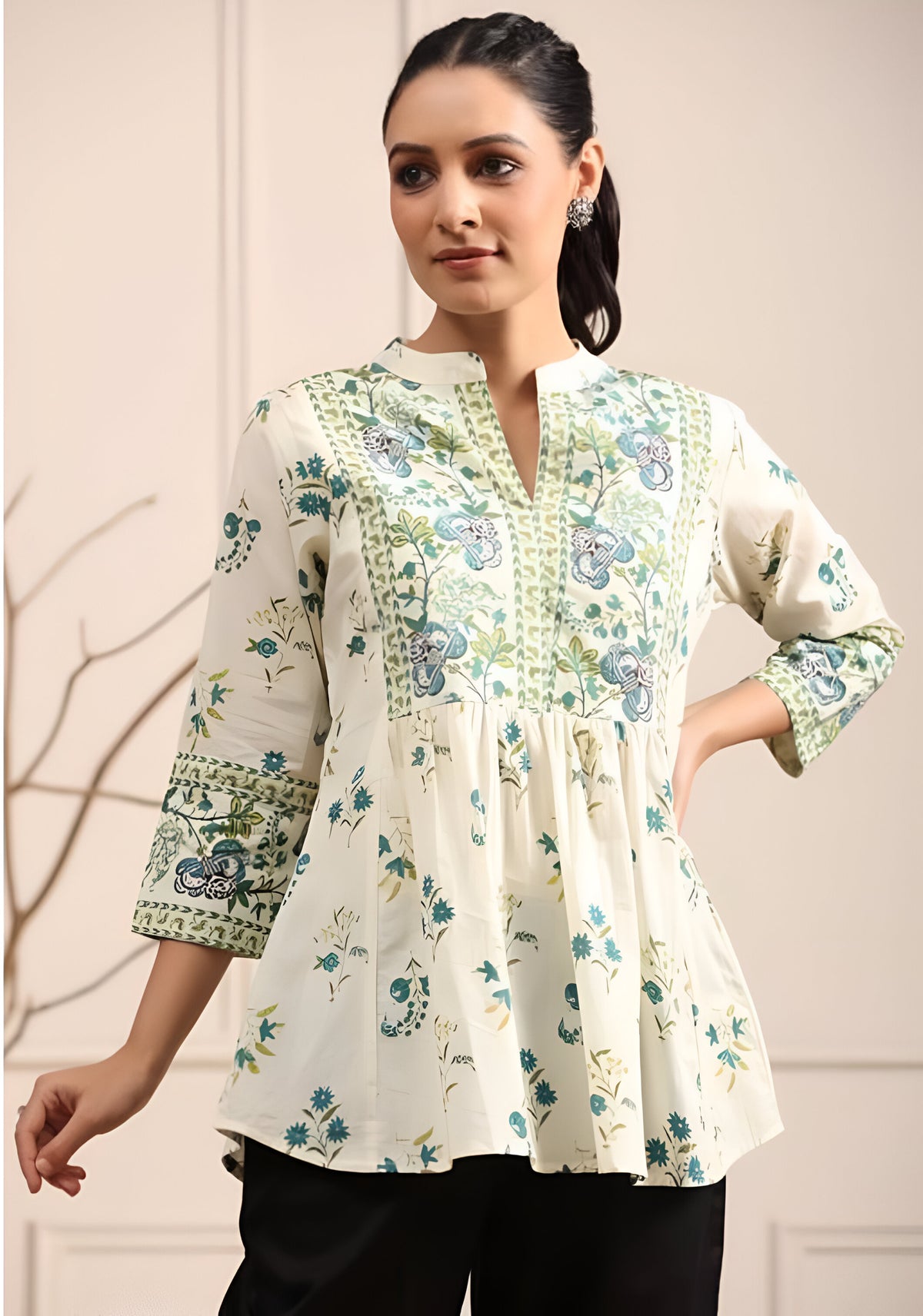 Ivory Floral Printed A-Line Kurti Top with Mandarin Collar – Elegant Daily Wear by Noori