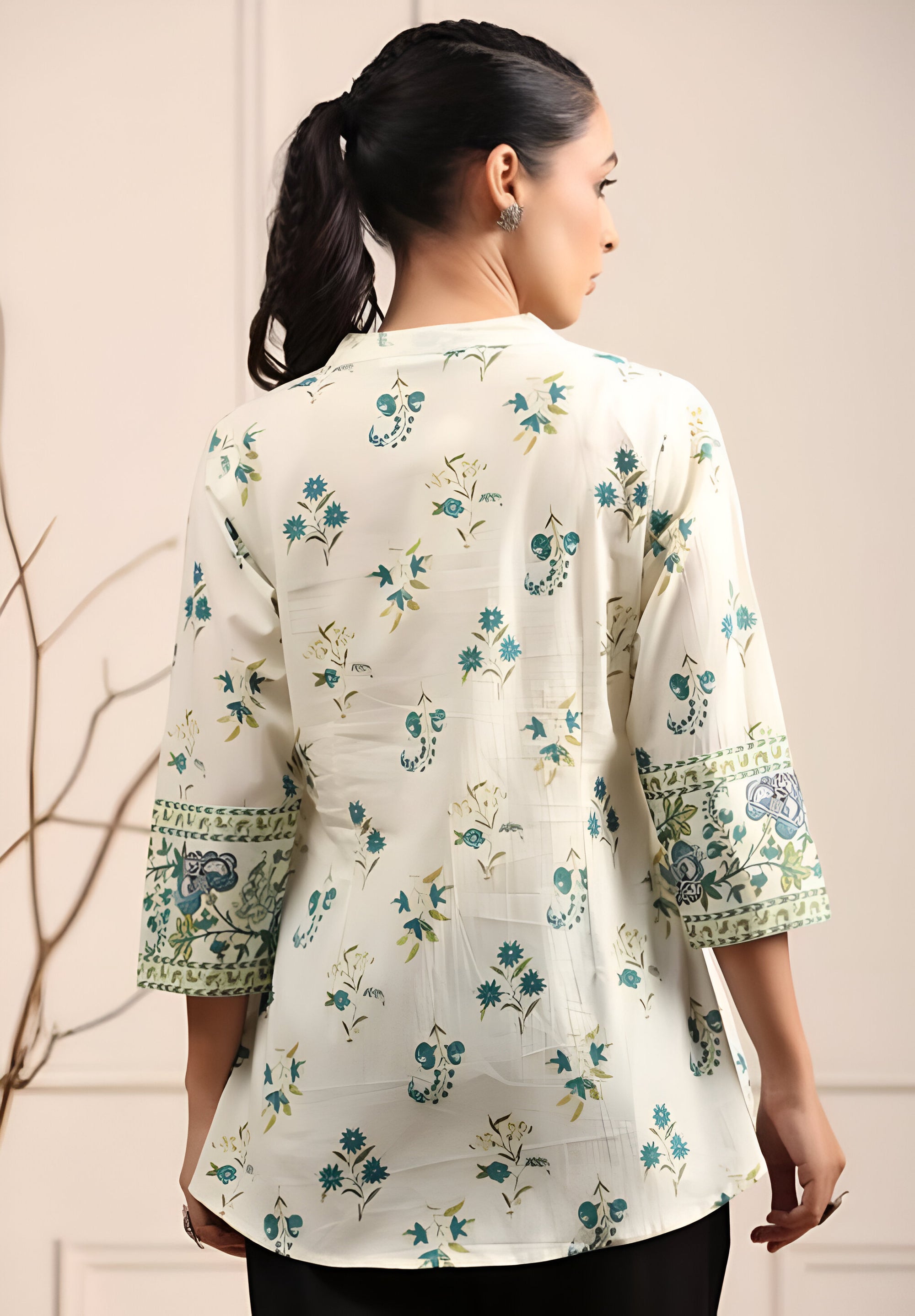 Ivory Floral Printed A-Line Kurti Top with Mandarin Collar – Elegant Daily Wear by Noori