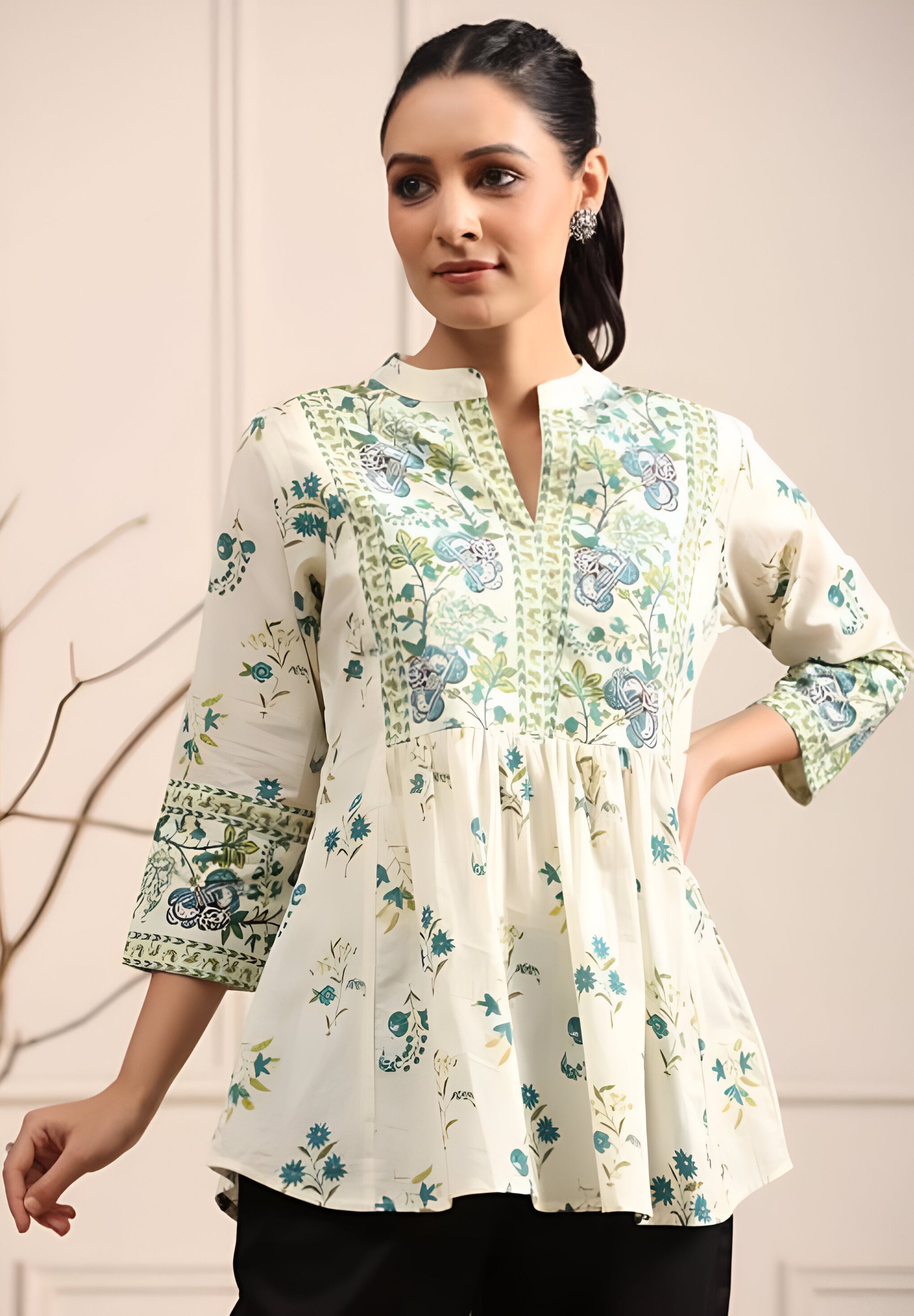 Ivory Floral Printed A-Line Kurti Top with Mandarin Collar – Elegant Daily Wear by Noori