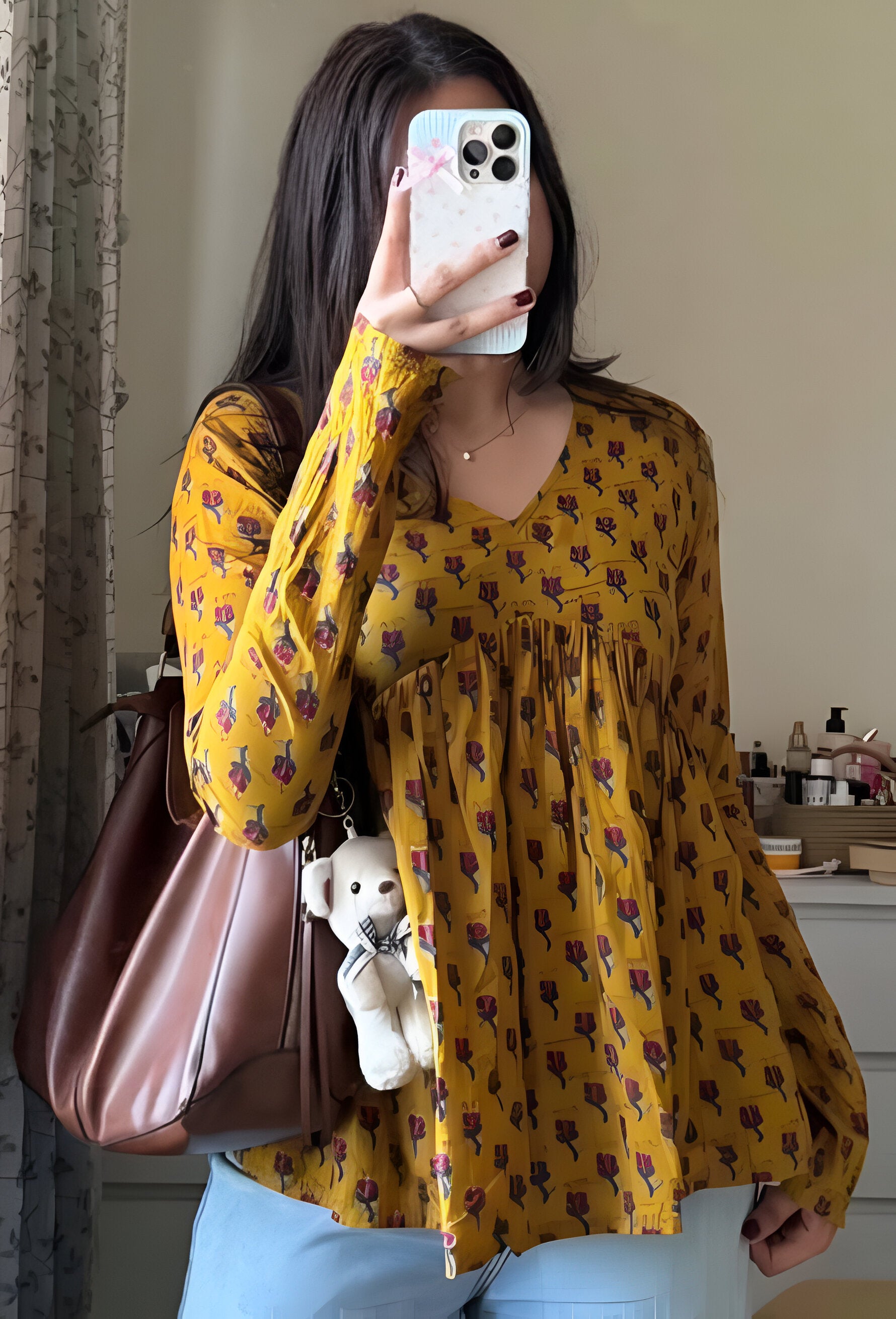 Mustard Yellow Floral Printed Empire Kurti Top – Casual Chic by Noori