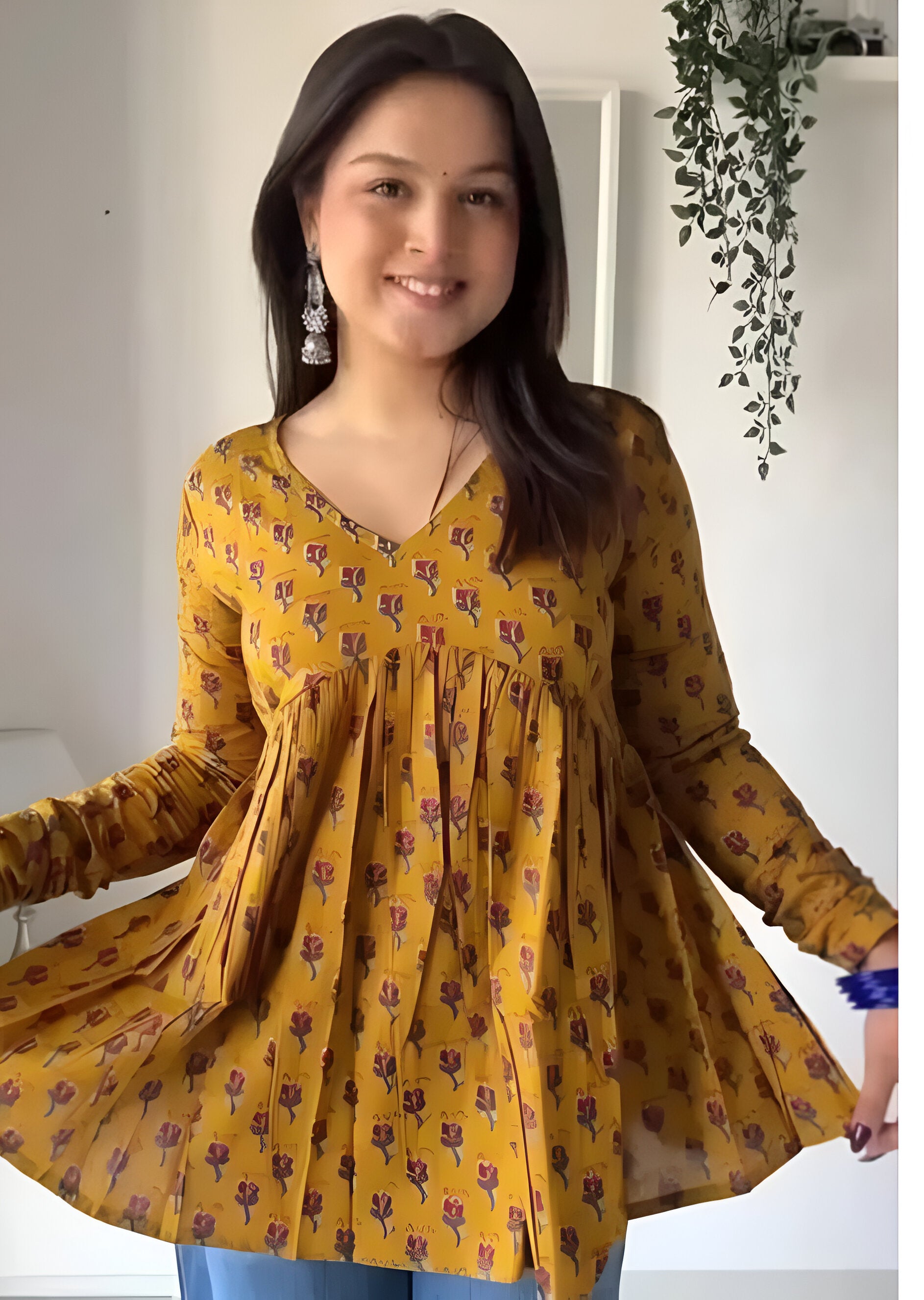 Mustard Yellow Floral Printed Empire Kurti Top – Casual Chic by Noori