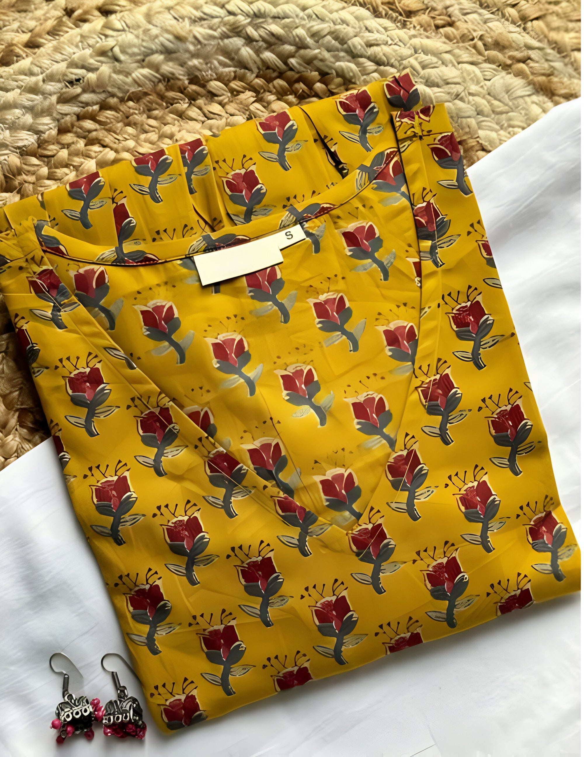 Mustard Yellow Floral Printed Empire Kurti Top – Casual Chic by Noori