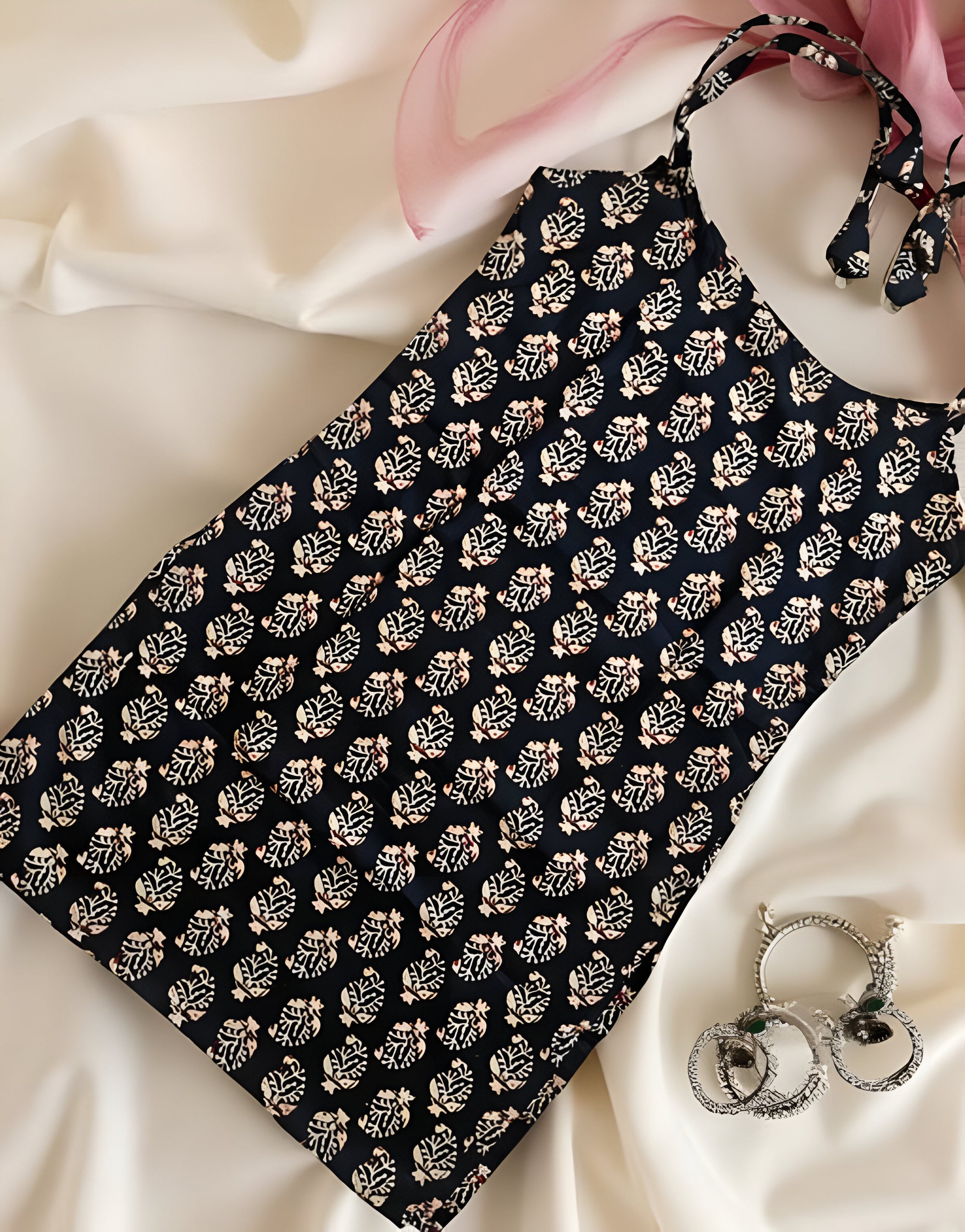 Black Handblock Leaf Print Sleeveless Kurti Top – Adjustable Tie-Strap Design by Noori