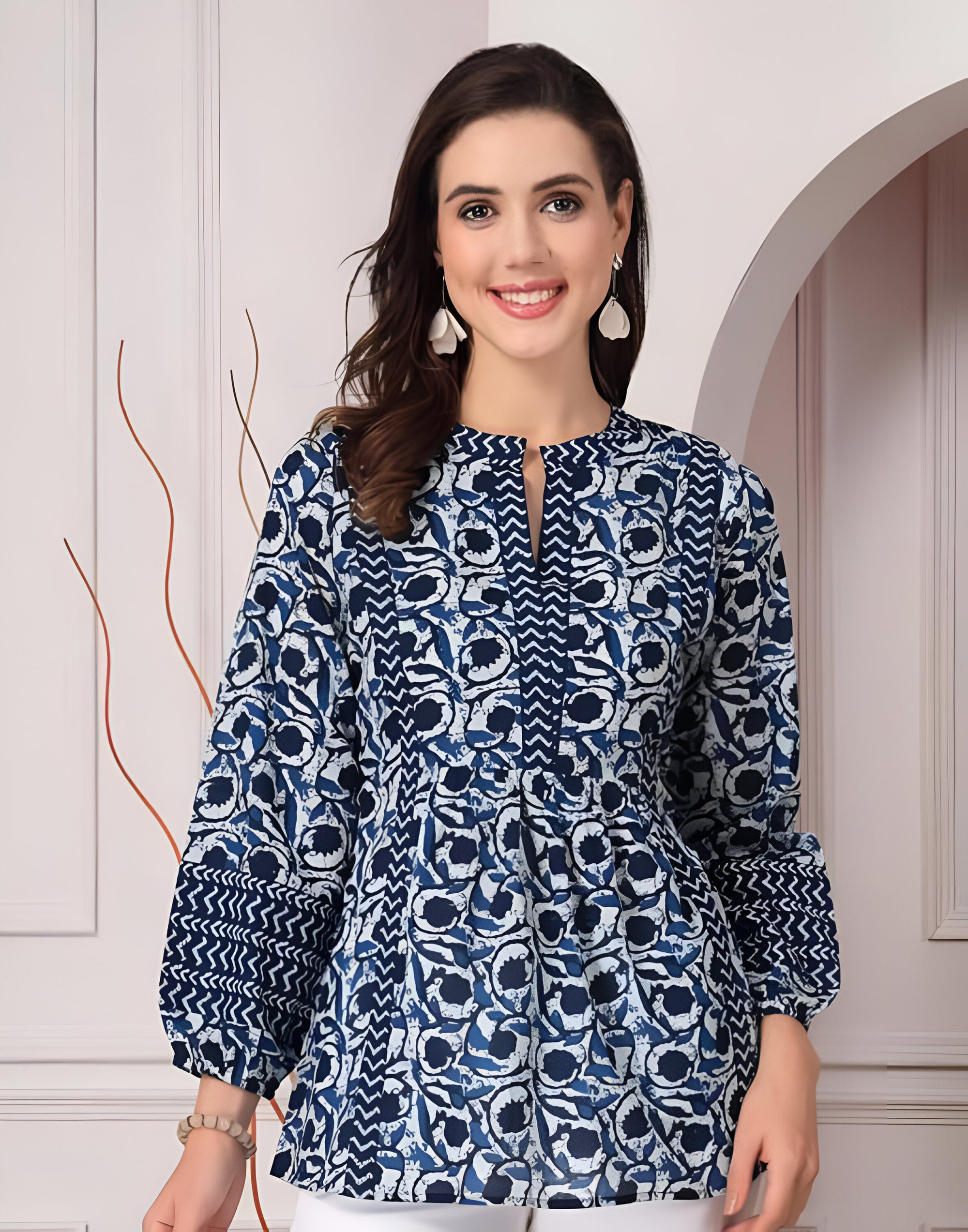 NOORI Stylish Modest Kurti with Sleeves - Blue Printed