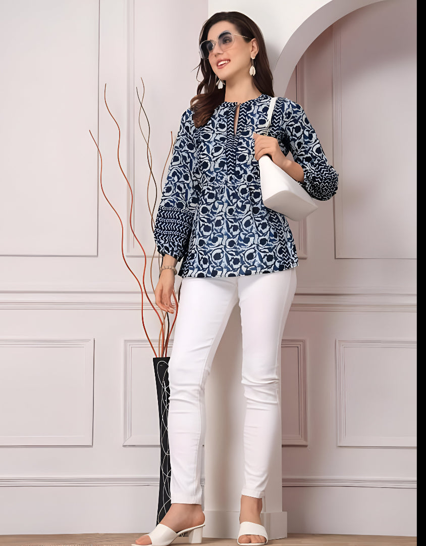 NOORI Stylish Modest Kurti with Sleeves - Blue Printed