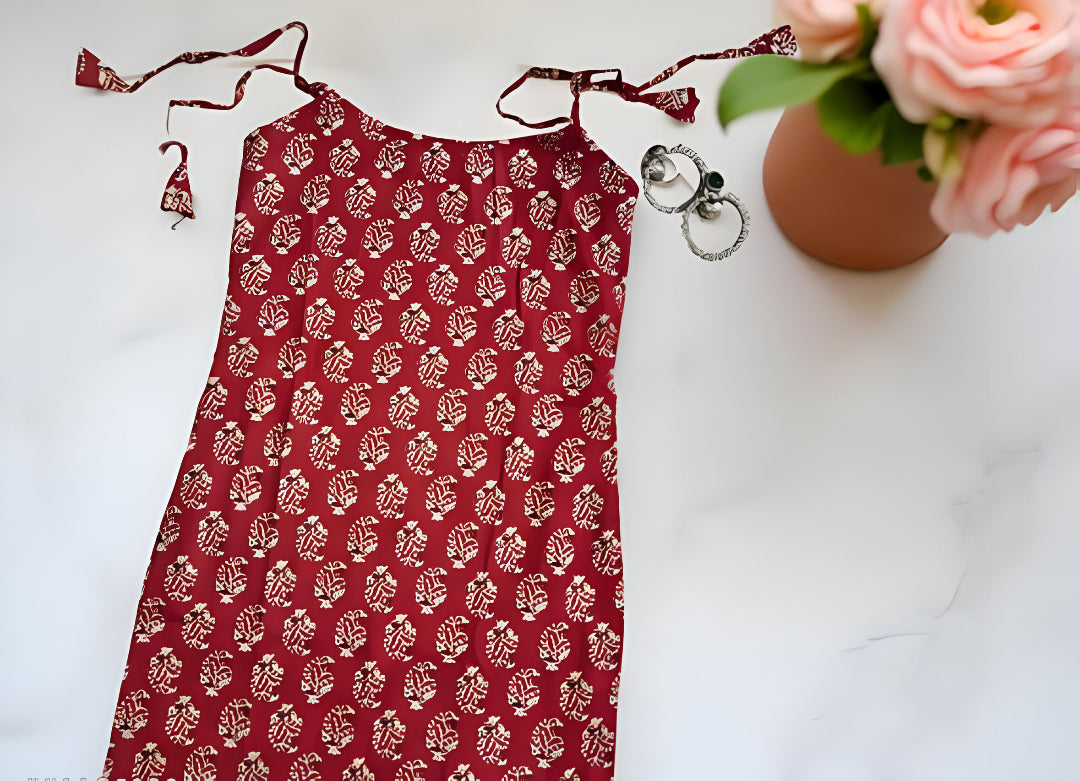 Maroon Handblock-Printed Sleeveless Cotton Top with Adjustable Straps – Minimal Indie Style by Noori