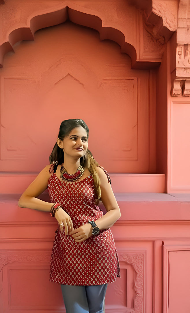 Maroon Handblock-Printed Sleeveless Cotton Top with Adjustable Straps – Minimal Indie Style by Noori