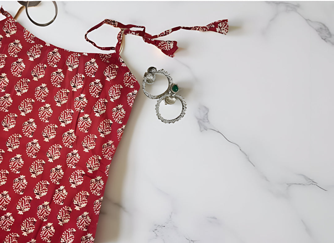 Maroon Handblock-Printed Sleeveless Cotton Top with Adjustable Straps – Minimal Indie Style by Noori
