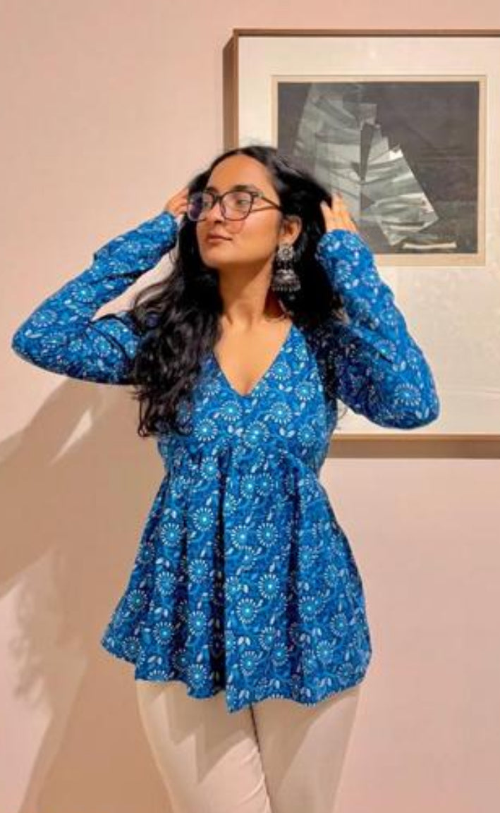 Indigo Blue Handblock Printed V-Neck Peplum Top with Long Sleeves – Noori Everyday Ethnic