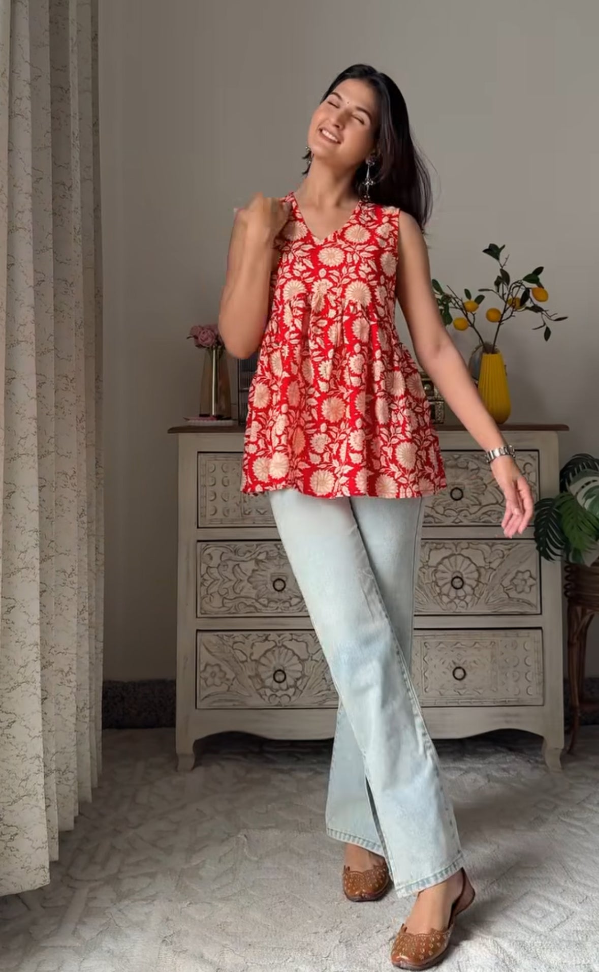 Noori Maroon Floral Flared Top