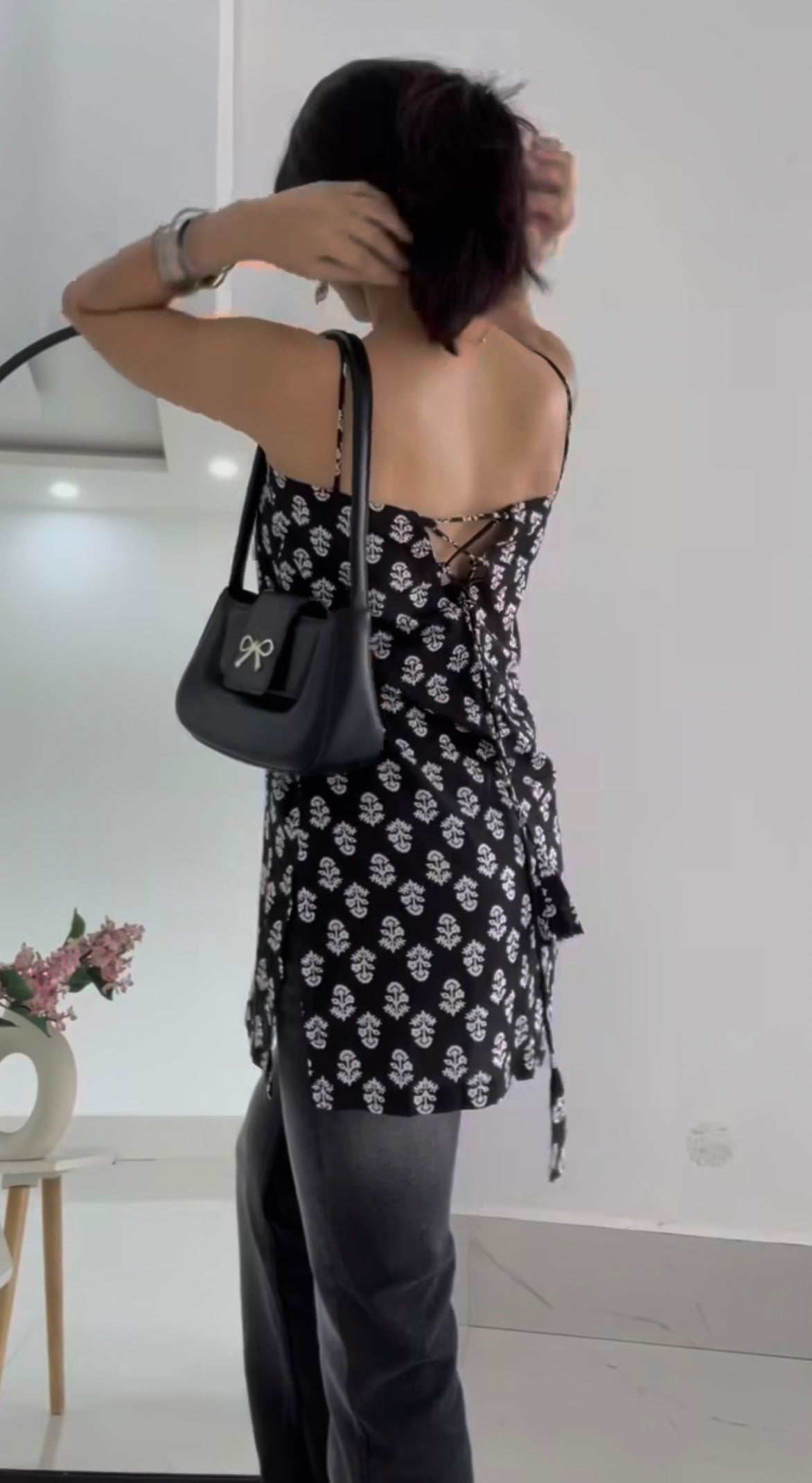 Black Handblock Leaf Print Sleeveless Kurti Top – Adjustable Tie-Strap Design by Noori