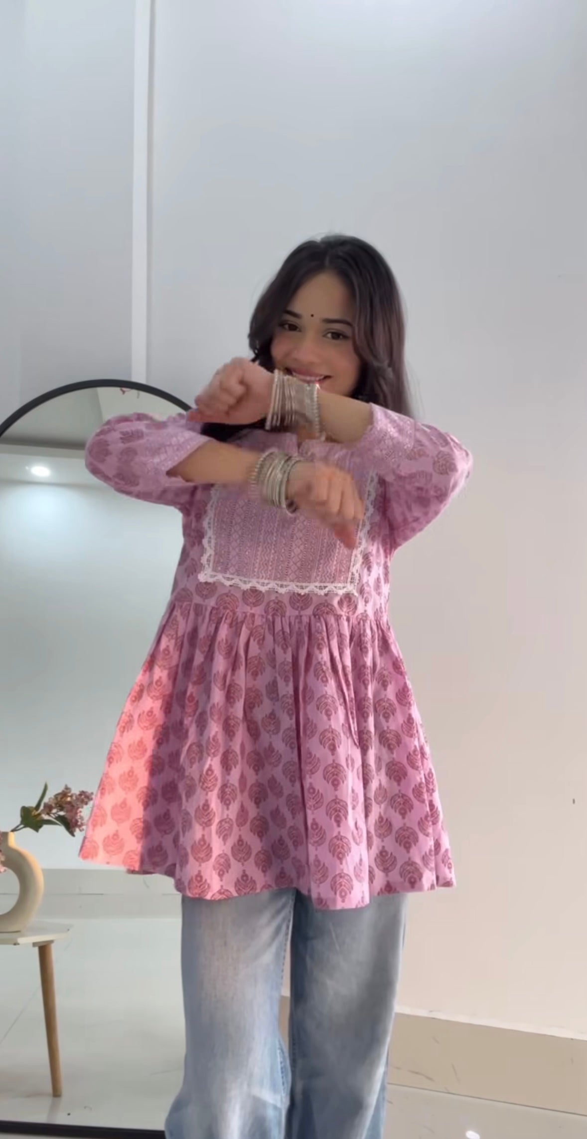 Blush Pink Printed Empire Kurti Top with Lace Detailing – Elegant Ethnic Wear by Noori