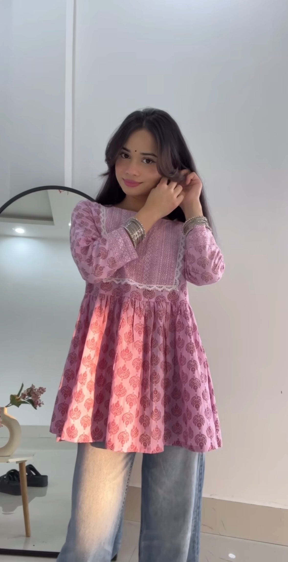 Blush Pink Printed Empire Kurti Top with Lace Detailing – Elegant Ethnic Wear by Noori