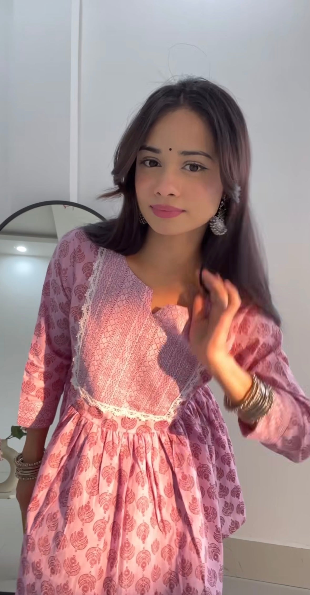 Blush Pink Printed Empire Kurti Top with Lace Detailing – Elegant Ethnic Wear by Noori