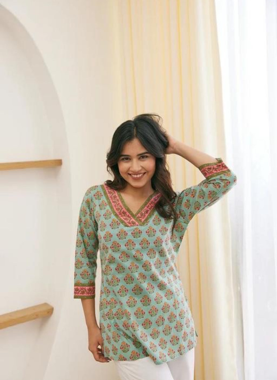 Mint Green Handblock Printed Straight Kurti with Pink Floral Yoke – Noori Cotton Everyday Wear