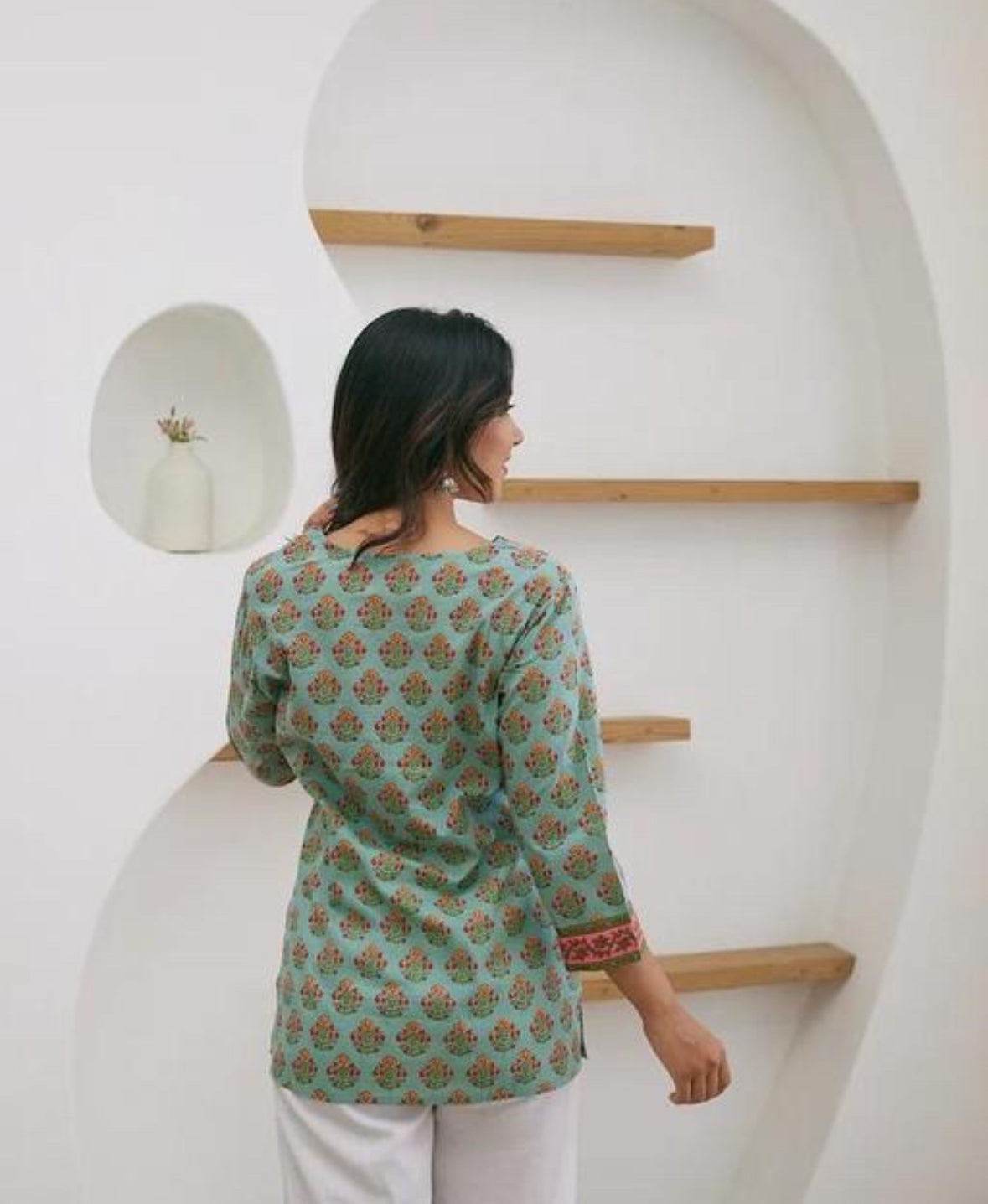 Mint Green Handblock Printed Straight Kurti with Pink Floral Yoke – Noori Cotton Everyday Wear