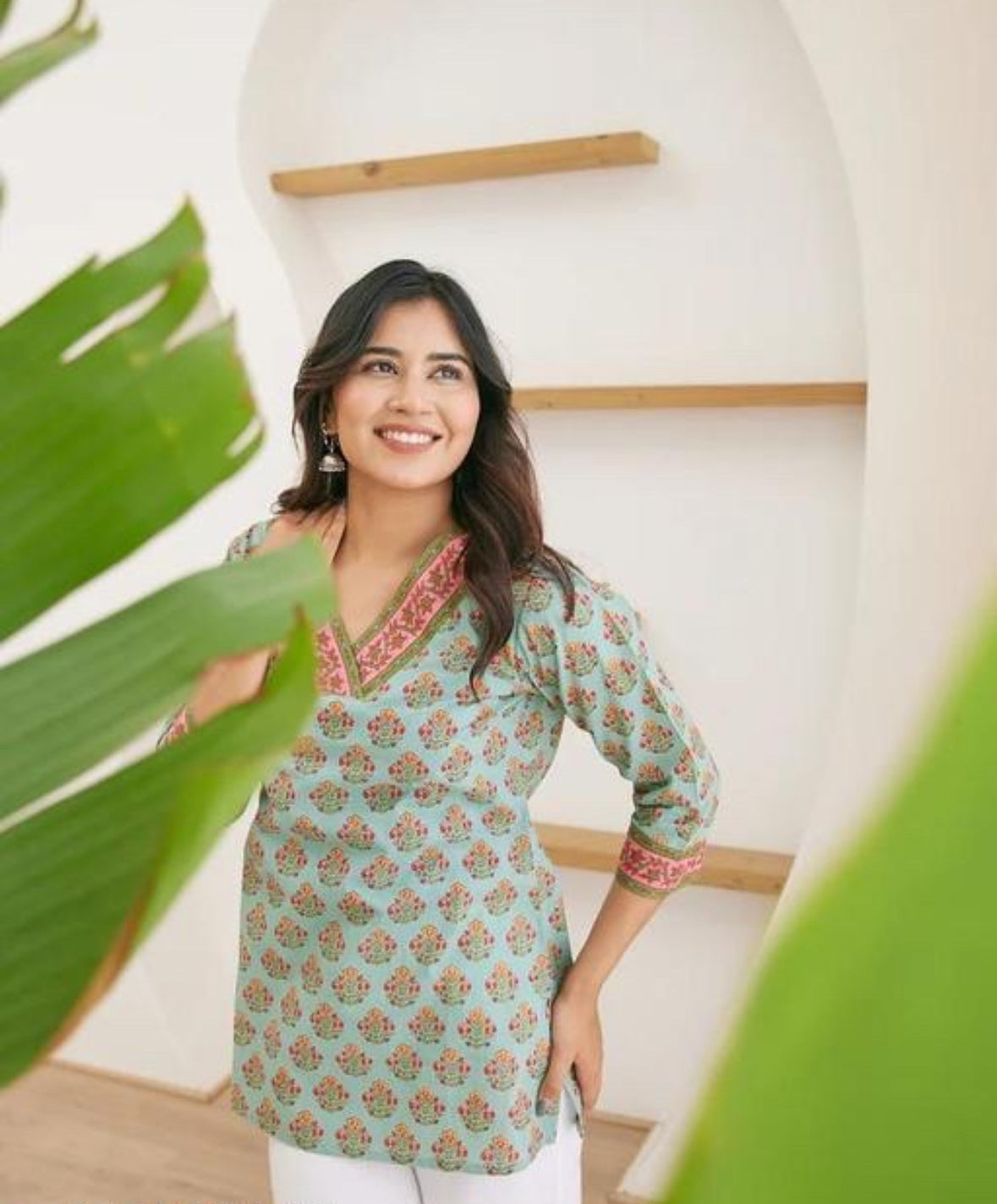 Mint Green Handblock Printed Straight Kurti with Pink Floral Yoke – Noori Cotton Everyday Wear