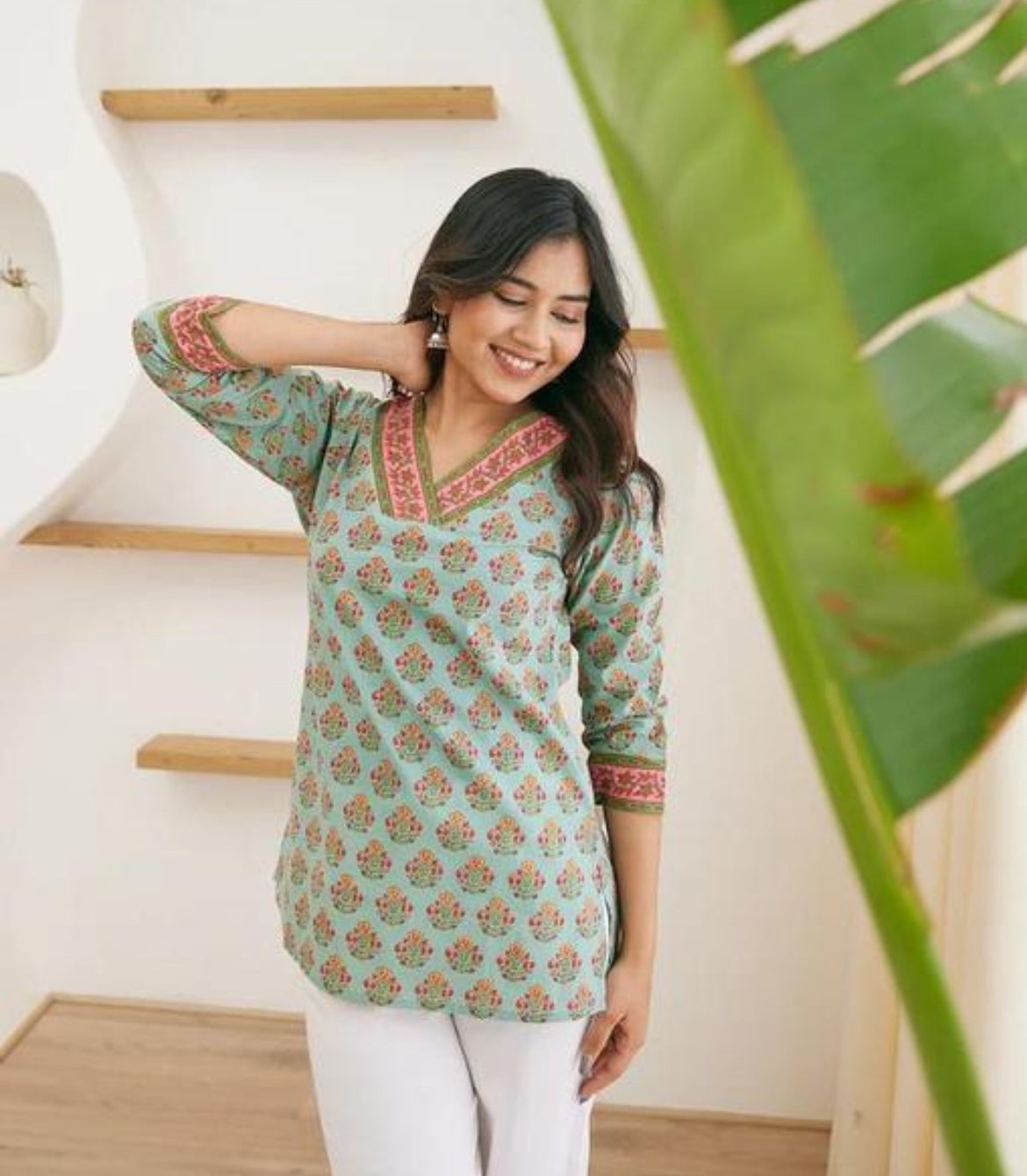 Mint Green Handblock Printed Straight Kurti with Pink Floral Yoke – Noori Cotton Everyday Wear