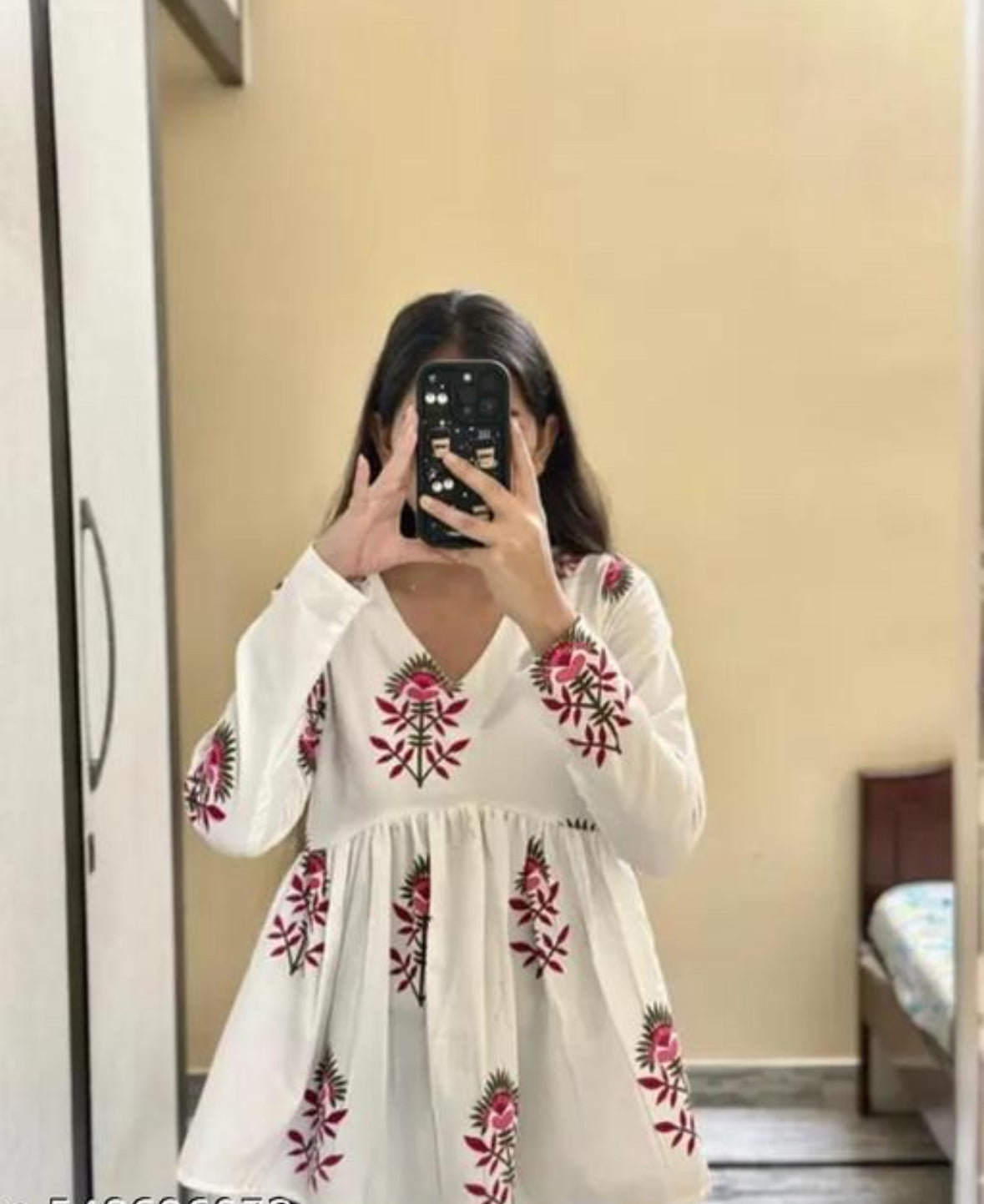 White Handblock Printed Flared Cotton Kurti – Noori Floral Empire Top with V-Neckline