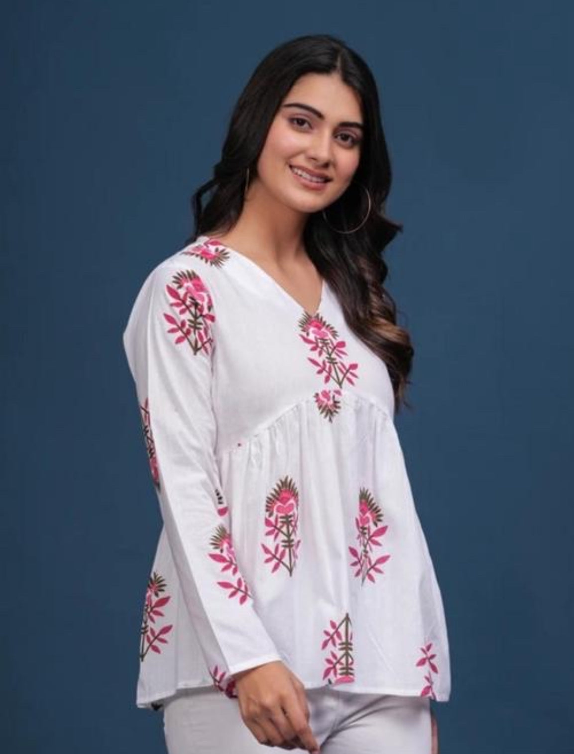 White Handblock Printed Flared Cotton Kurti – Noori Floral Empire Top with V-Neckline