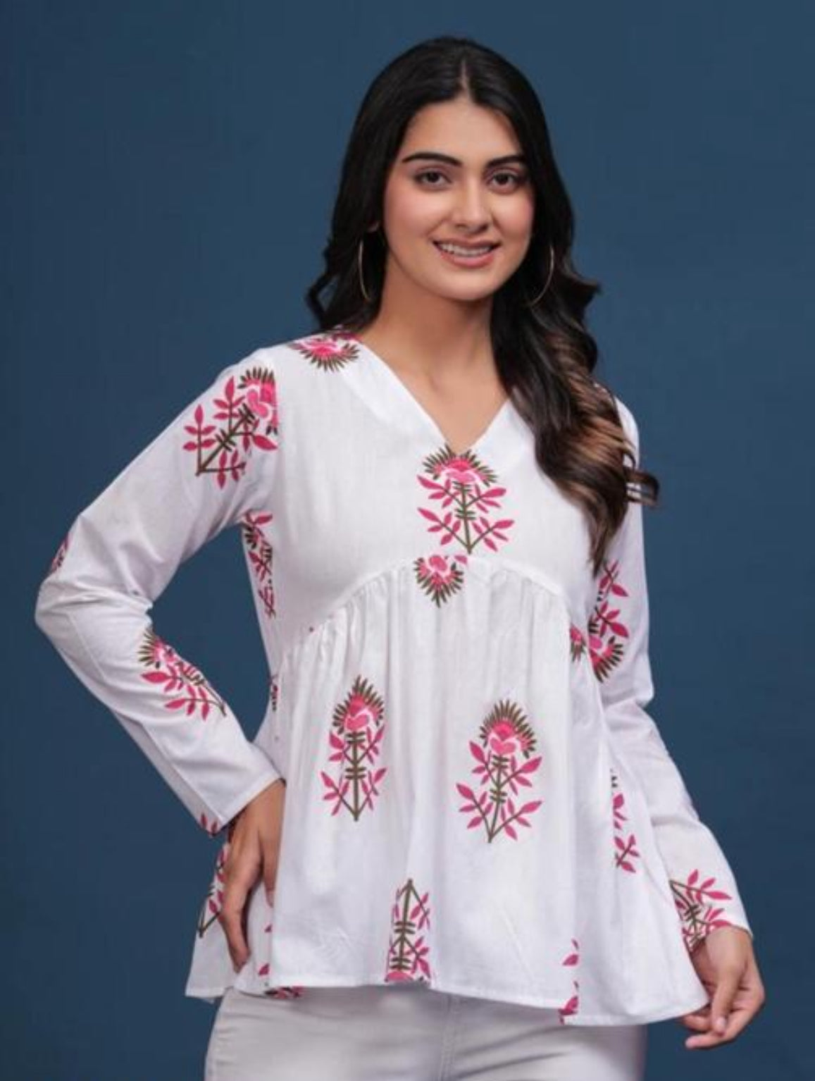 White Handblock Printed Flared Cotton Kurti – Noori Floral Empire Top with V-Neckline
