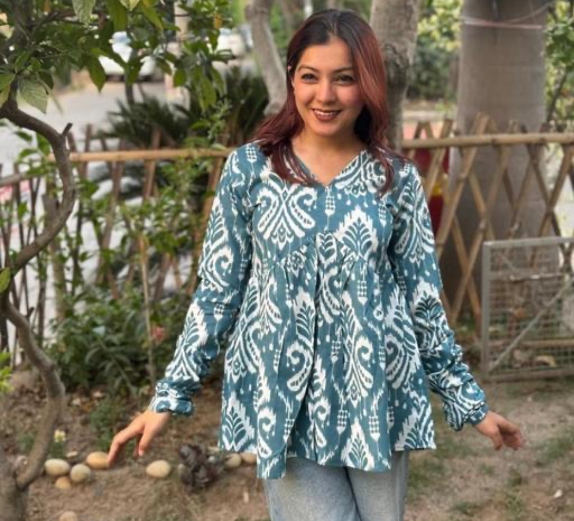Teal Blue Ikat Print Cotton Flared Kurti – Handcrafted Empire Top by Noori